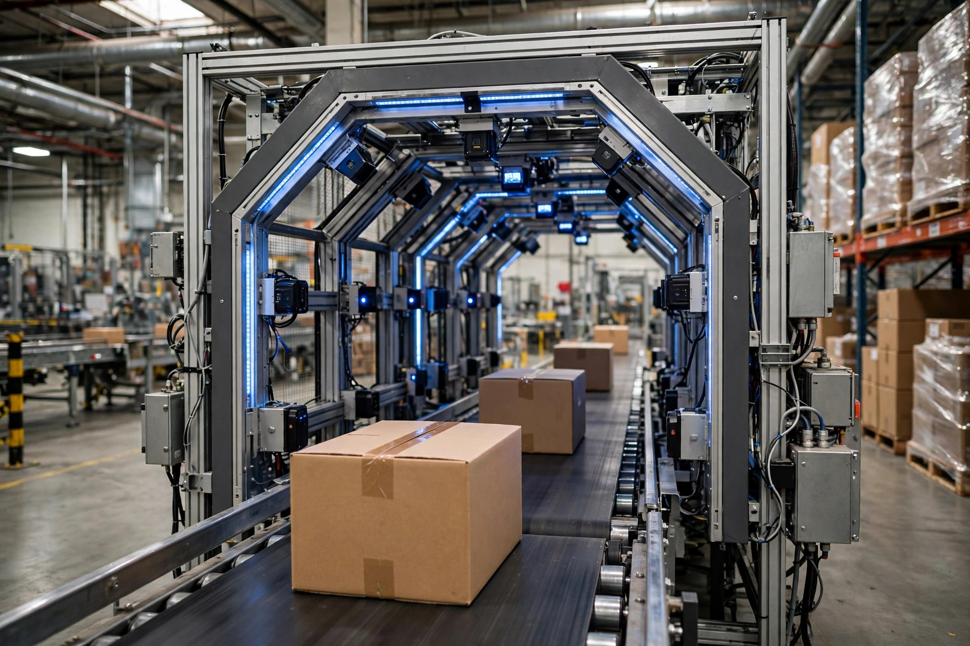Automated dimensioning scanner measuring parcels on a conveyor