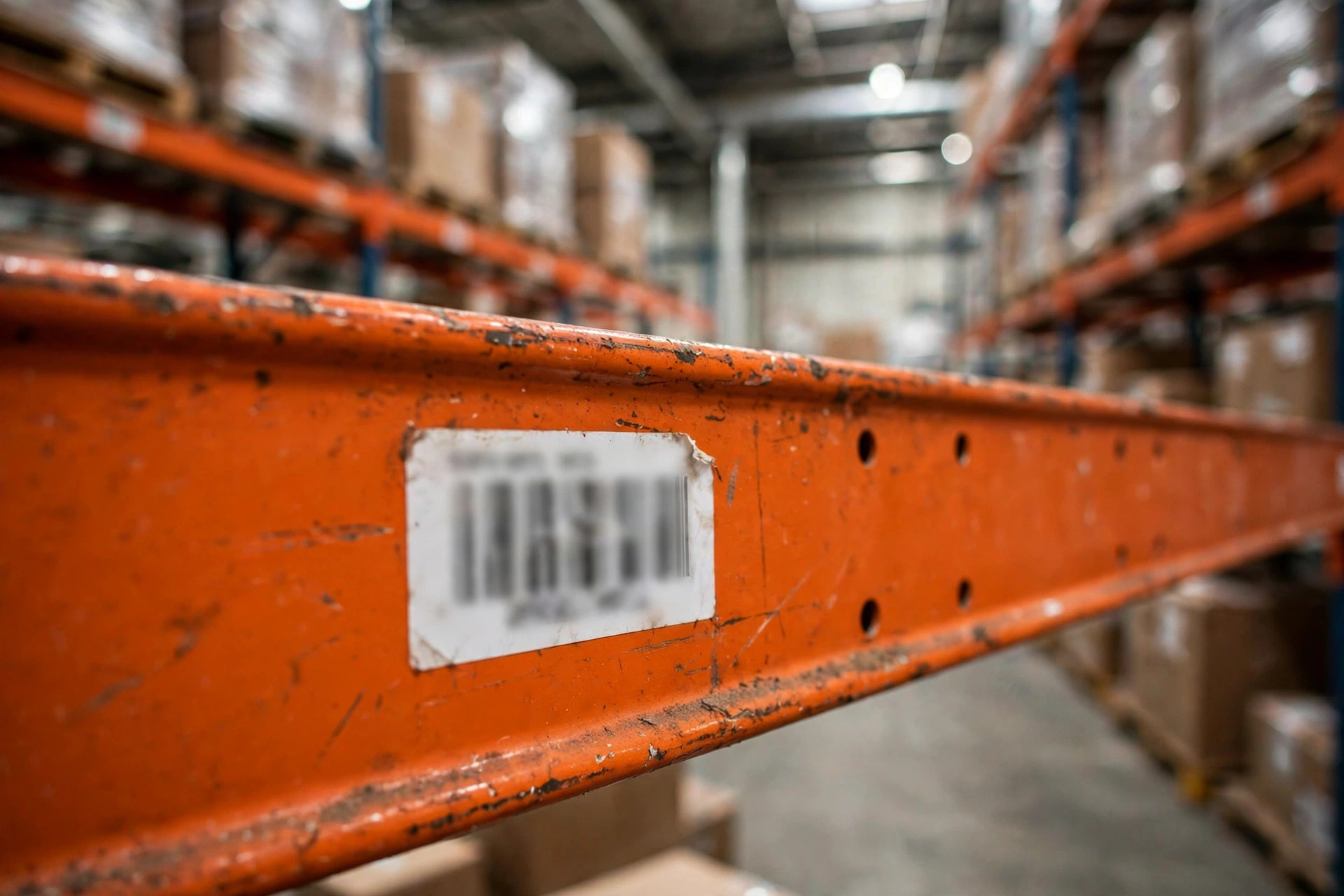 Location barcode label on a warehouse racking beam