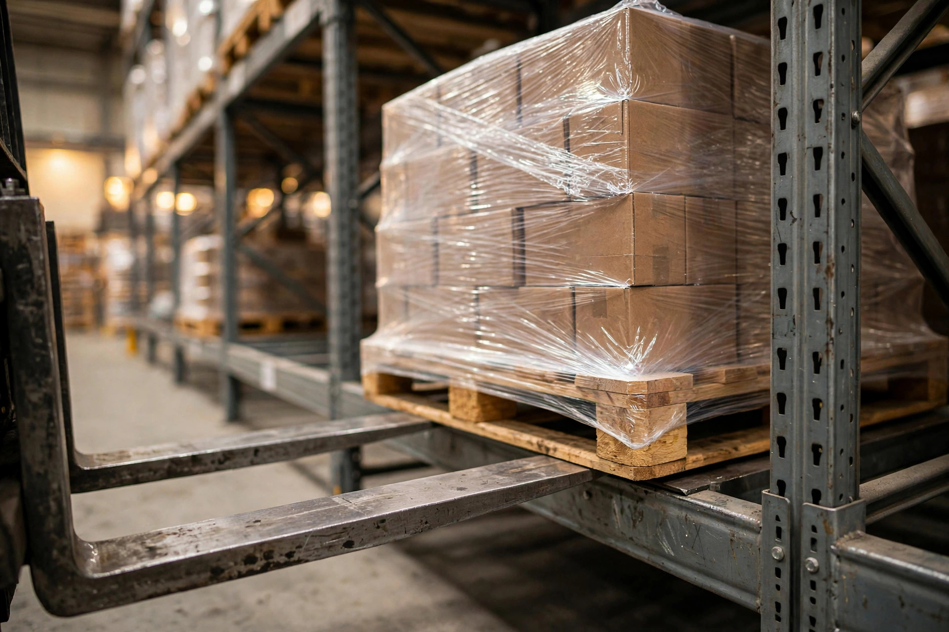 Forklift placing a pallet into a high-bay rack slot on system instruction