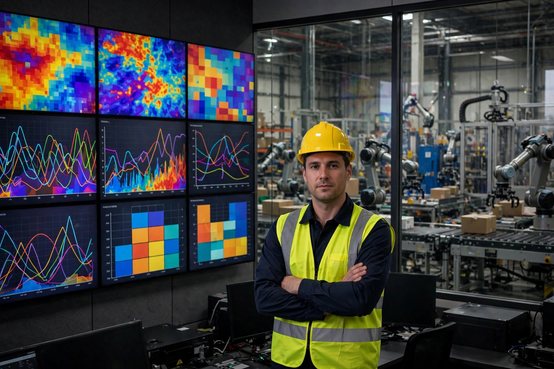 Warehouse control room with scheduling dashboards overseeing robotic cells