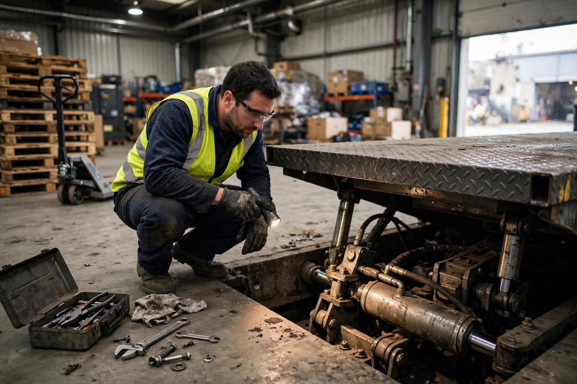 Maintenance worker inspecting hydraulic components of a loading dock leveler