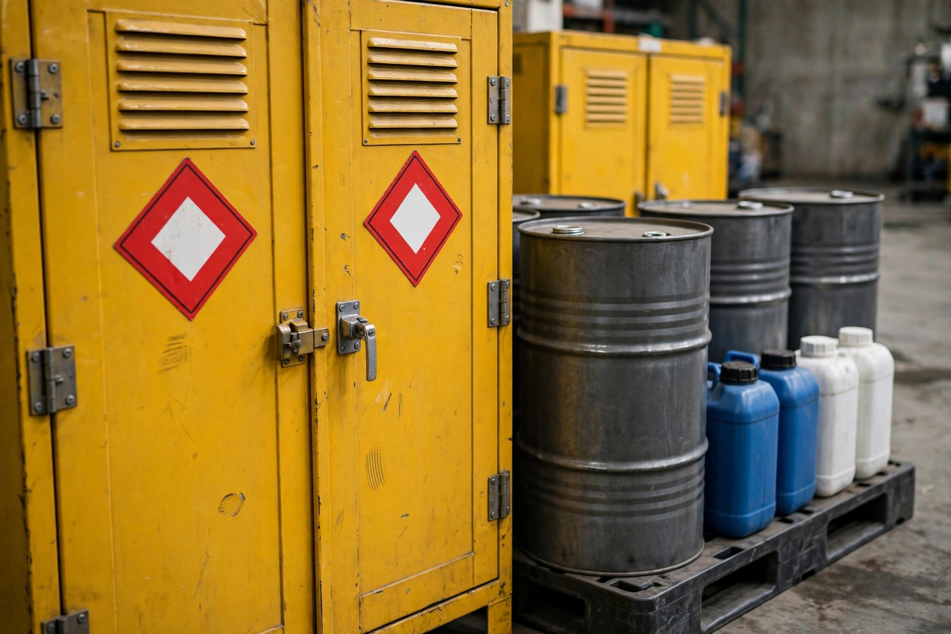 Chemical storage cabinets with hazard placards