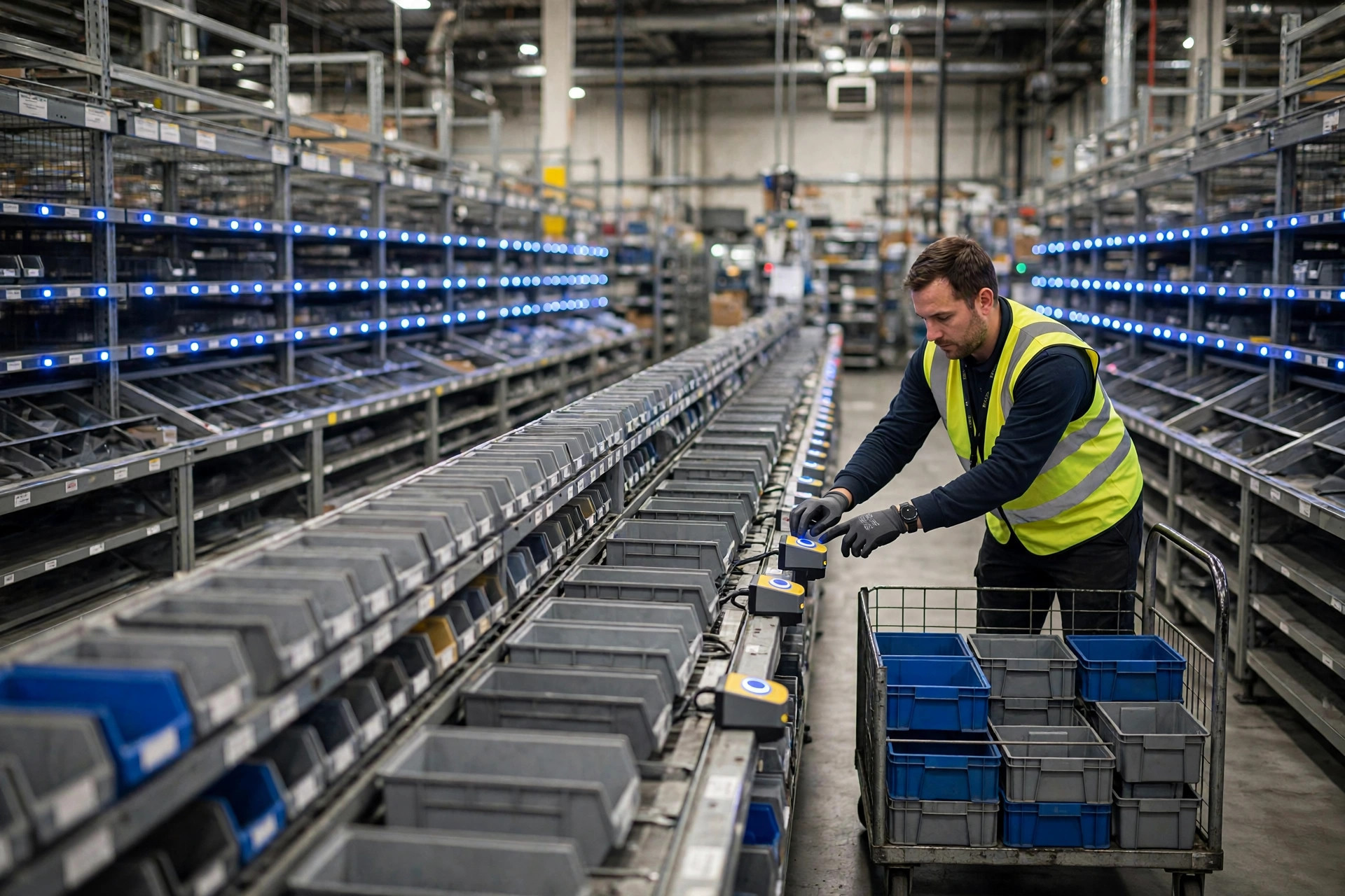 Pick-to-light modules guiding a picker at flow racks