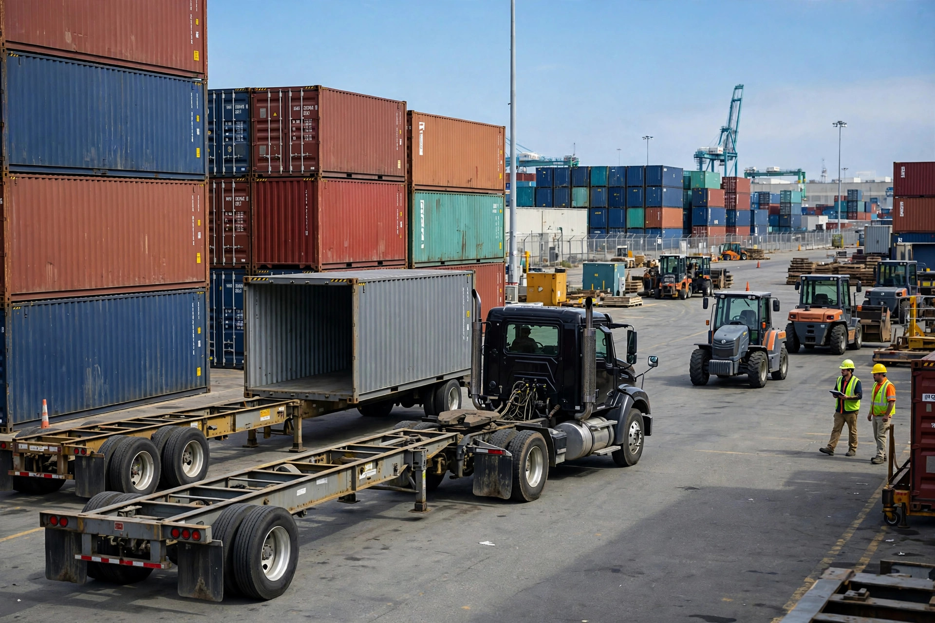 Un camión tractor enganchando un chasis portacontenedores en una terminal marítima de EE. UU.