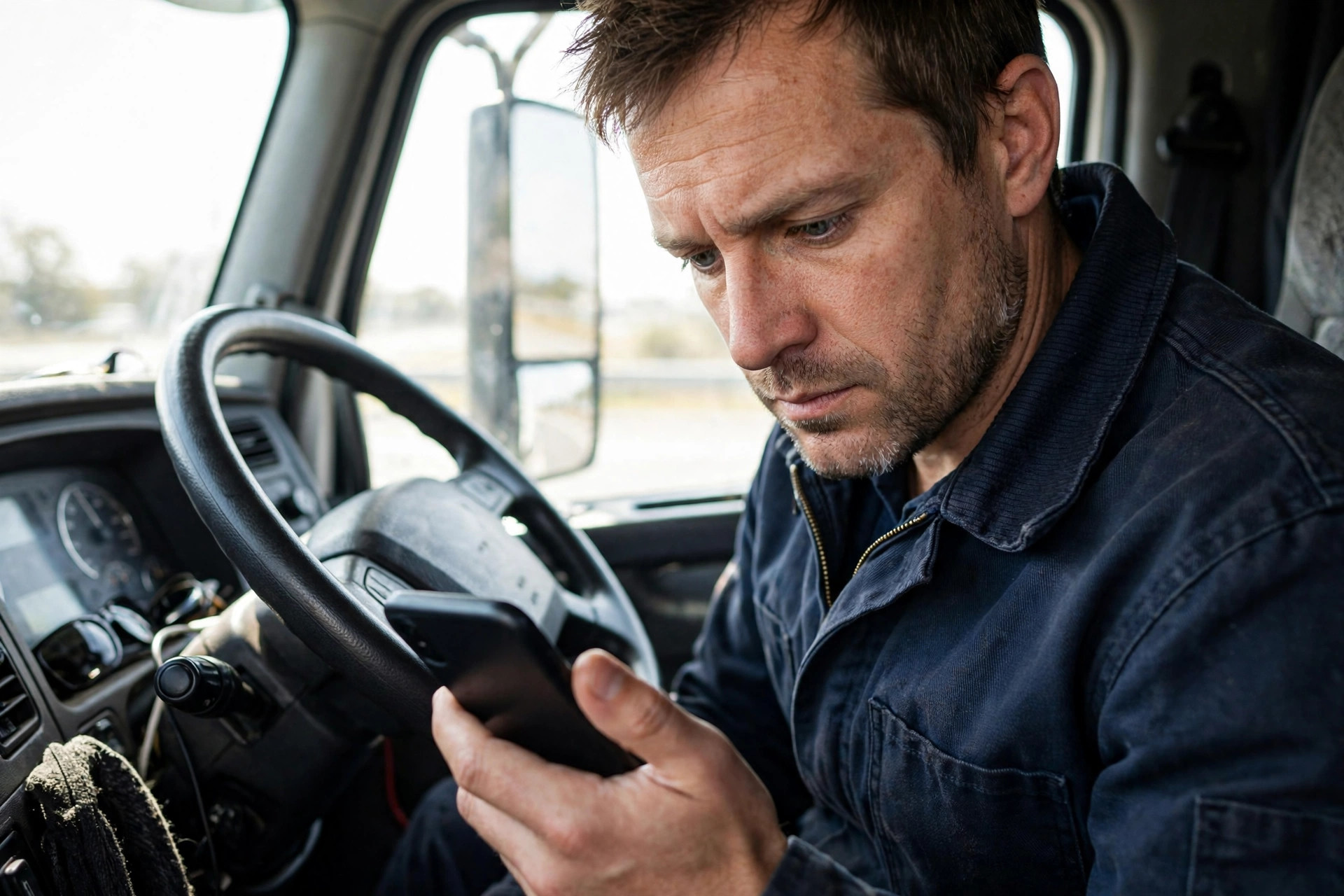 A drayage driver checks a dispatch app on his phone from the cab