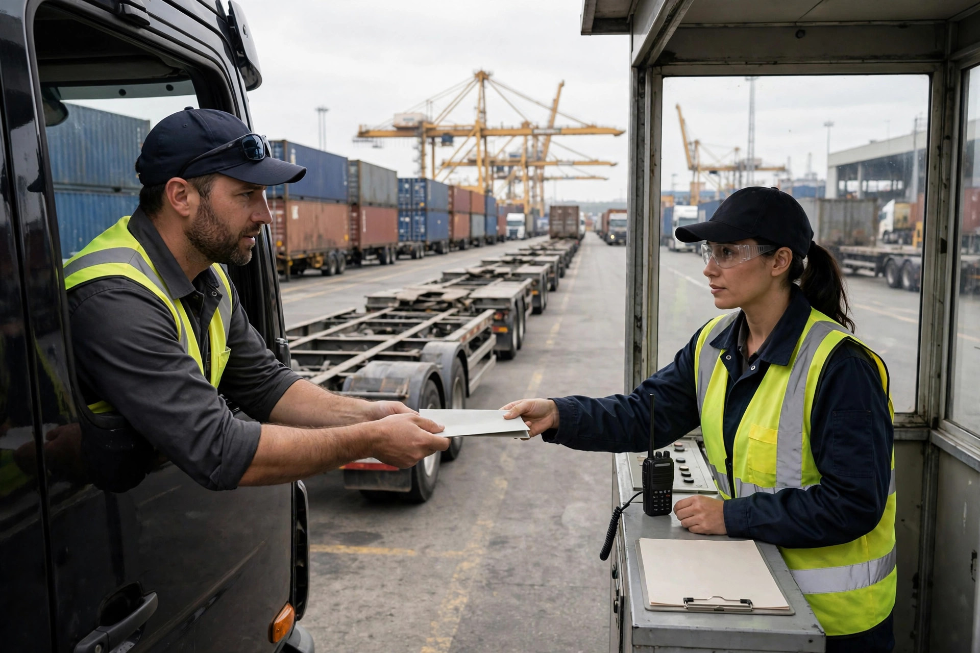 Drayage trucks lined up at the terminal gate waiting for container pickup