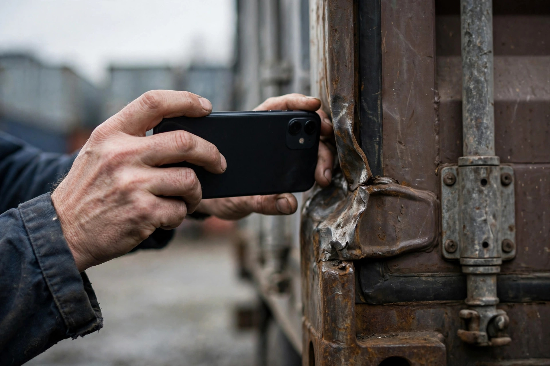 Driver photographing container corner damage with a smartphone for EIR evidence