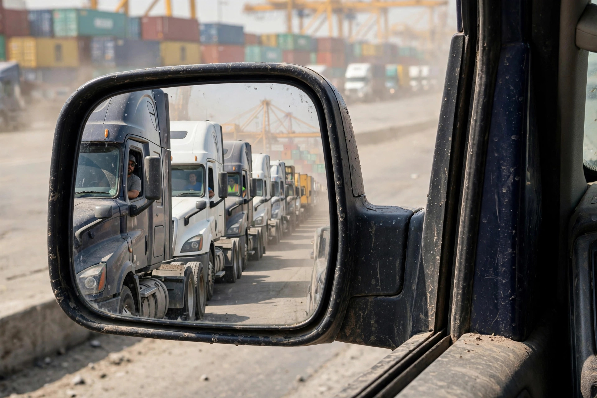 Una larga fila de camiones de drayage esperando en la puerta de la terminal de contenedores