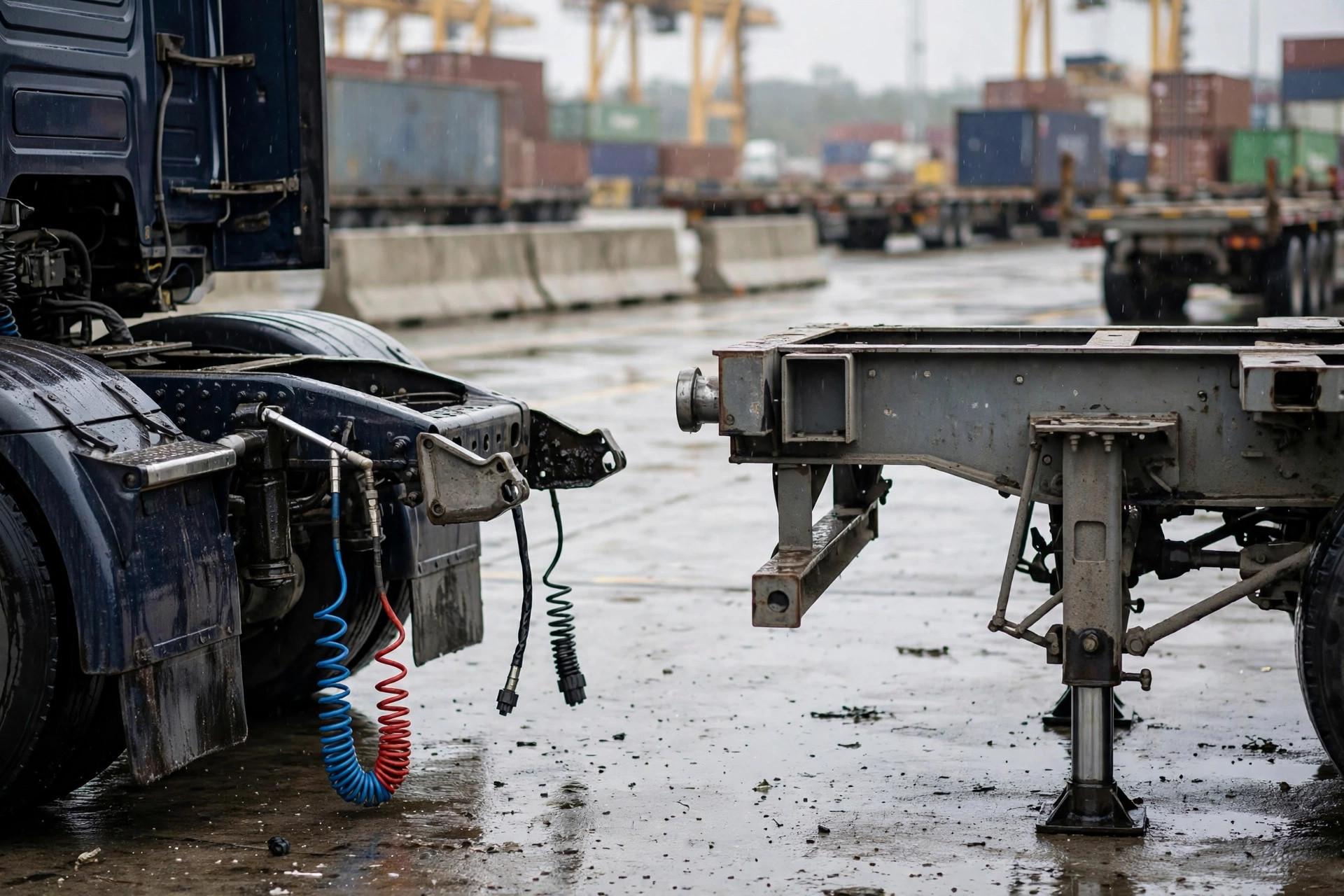Semi truck dropping a container trailer at a port terminal