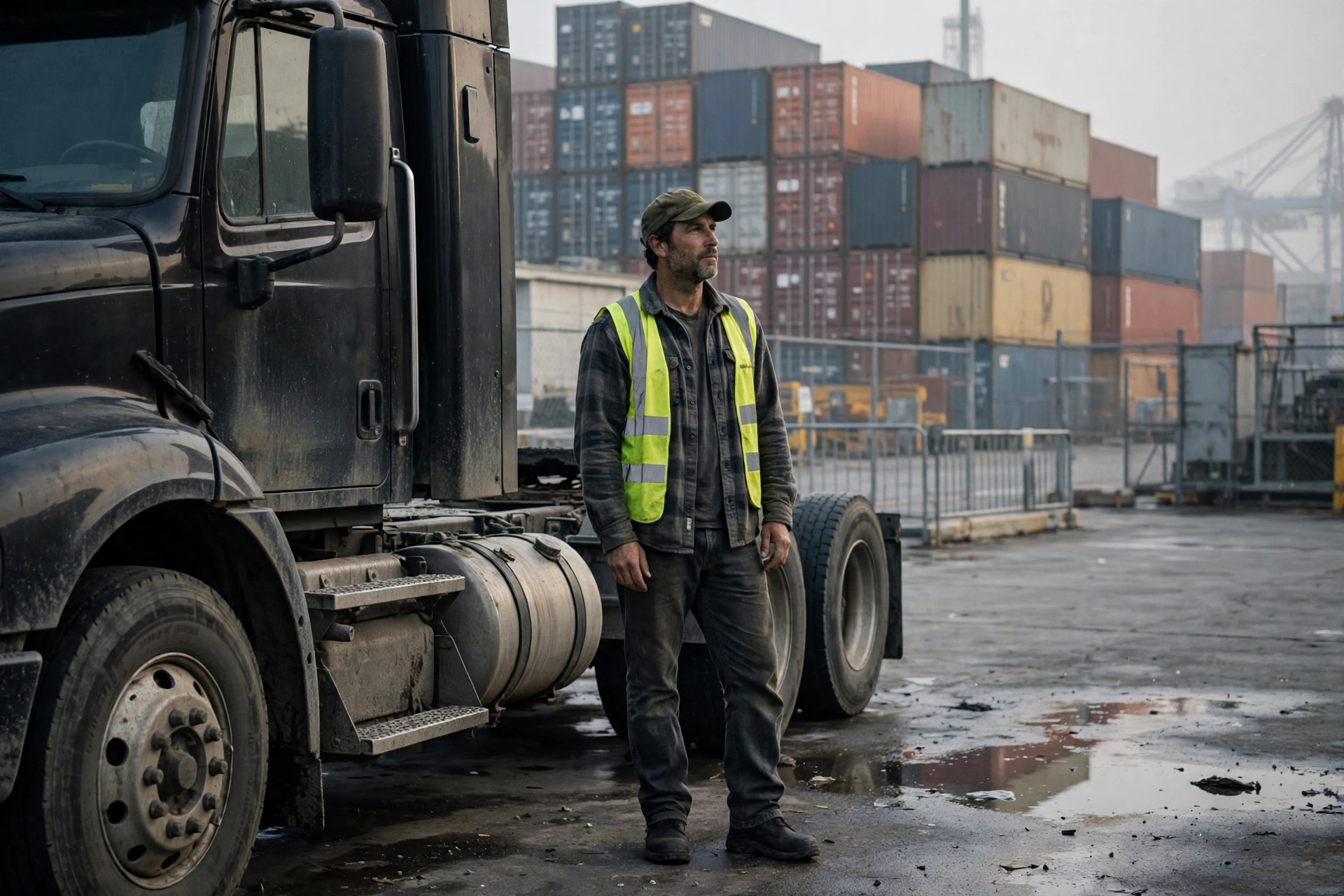 Truck driver waiting at a port terminal gate with stacked shipping containers behind