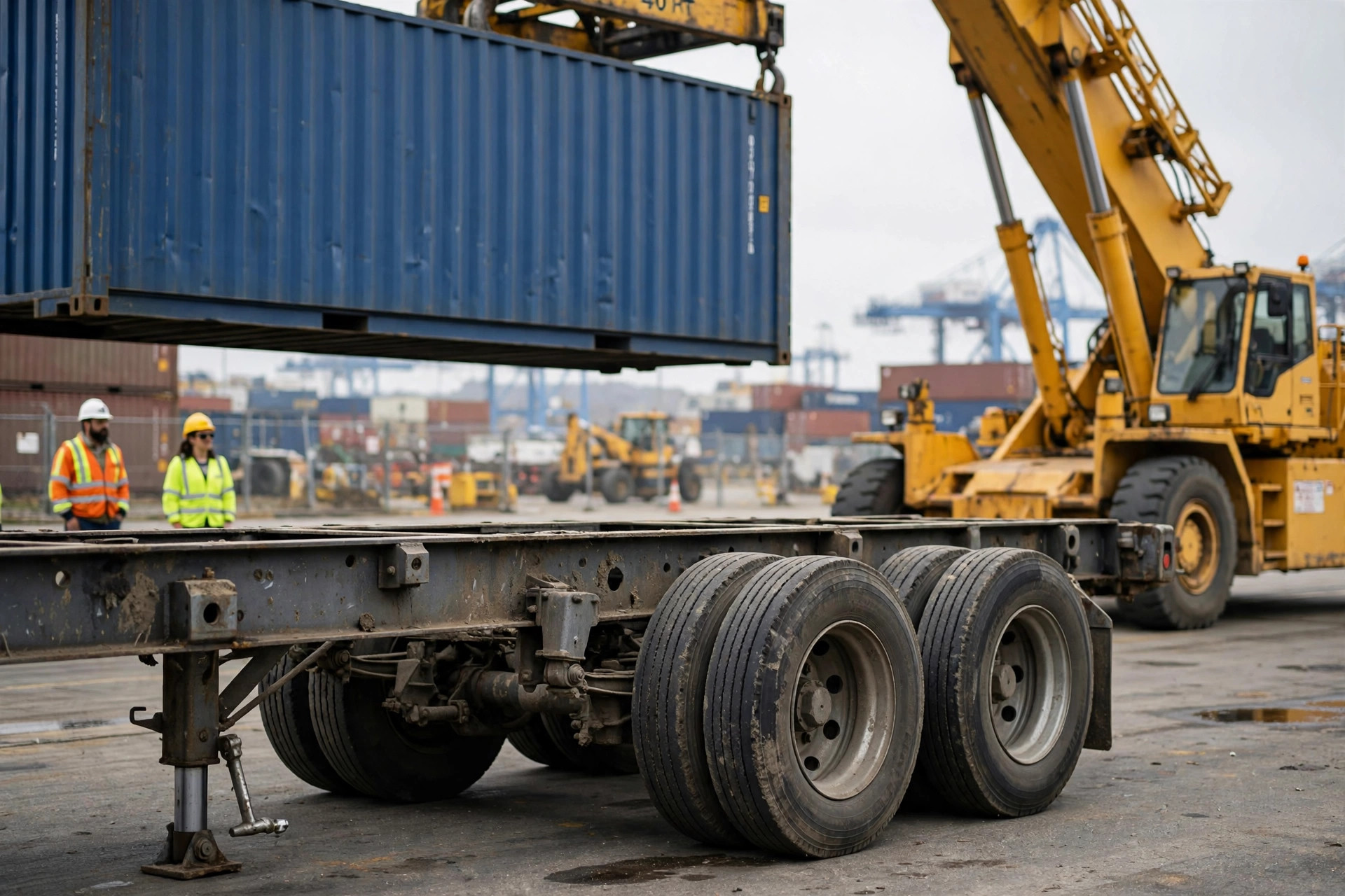 Container chassis trailer close-up at a US port terminal