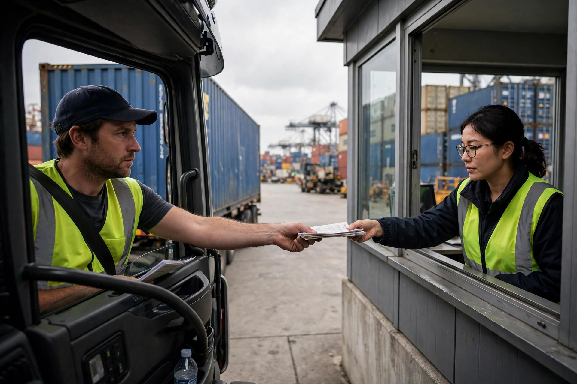 Drayage driver handing pickup paperwork to terminal gate staff
