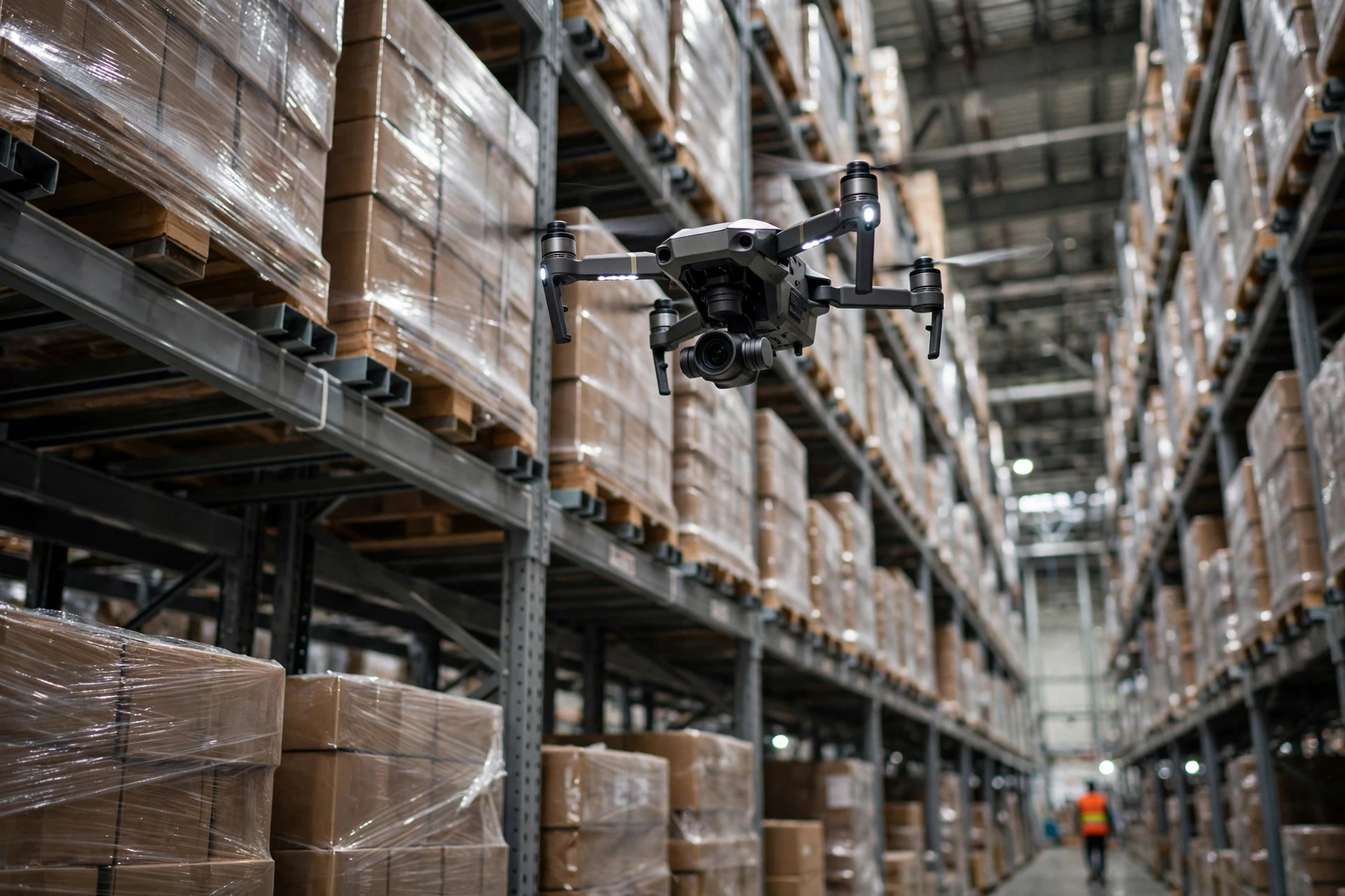 A drone scanning barcodes high on warehouse racking