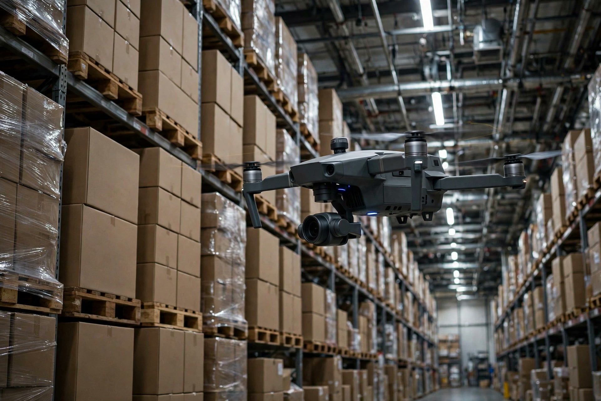 A warehouse drone hovering in front of high-bay racking to scan inventory