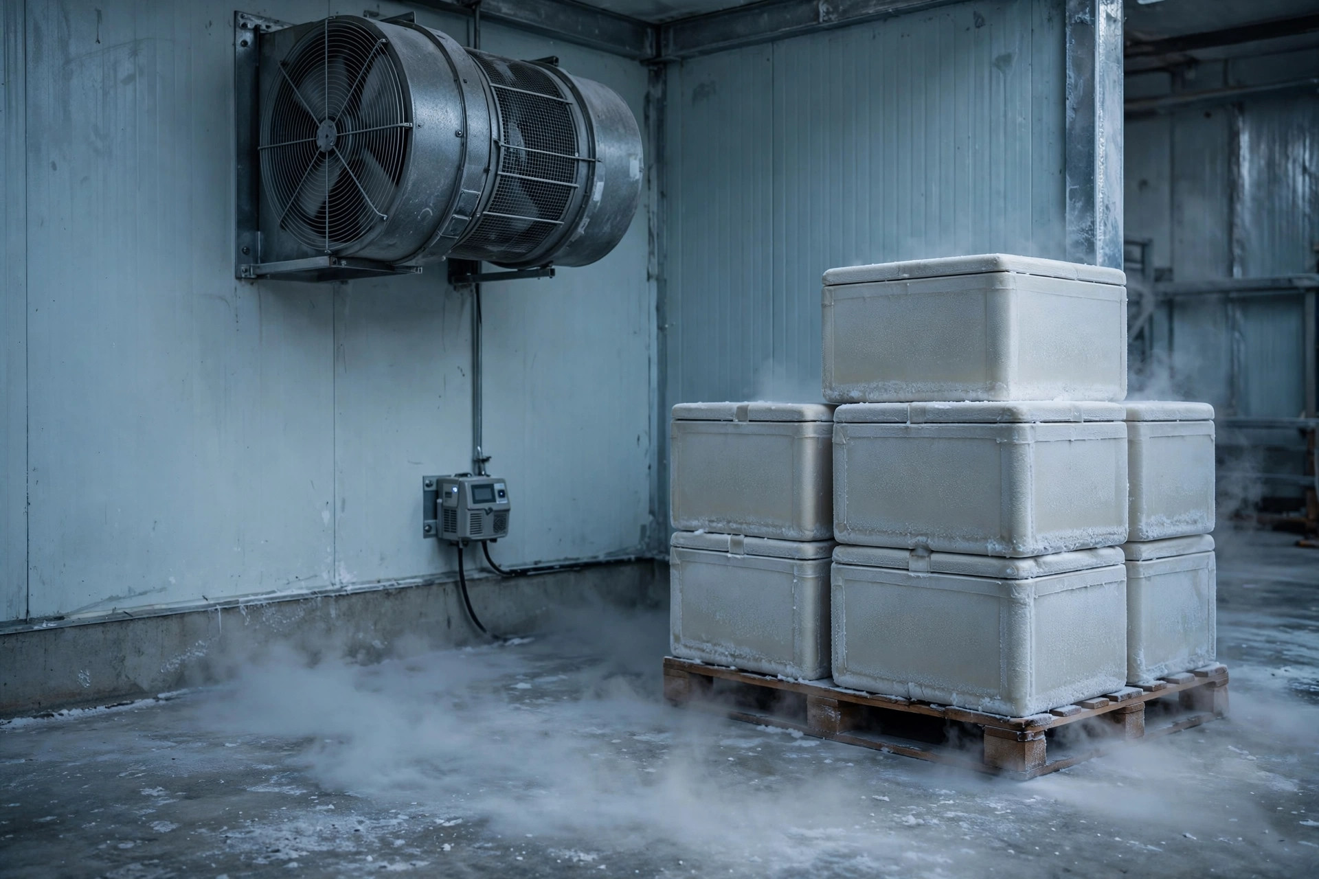 Wall-mounted exhaust fan and a low-mounted gas monitor in a cold storage corner, dry ice coolers stacked on a pallet