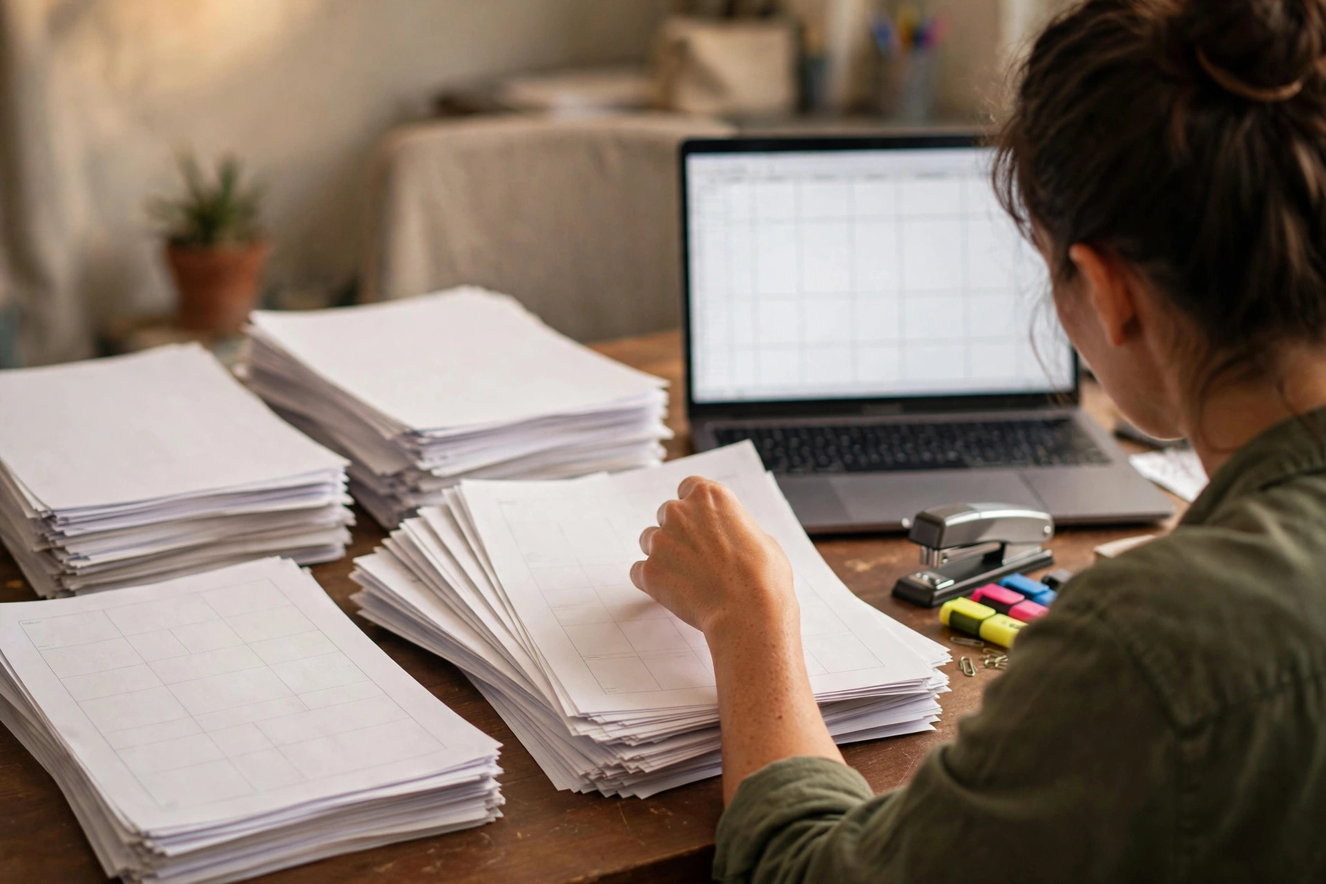 Importer office desk covered with customs paperwork and compliance evidence files