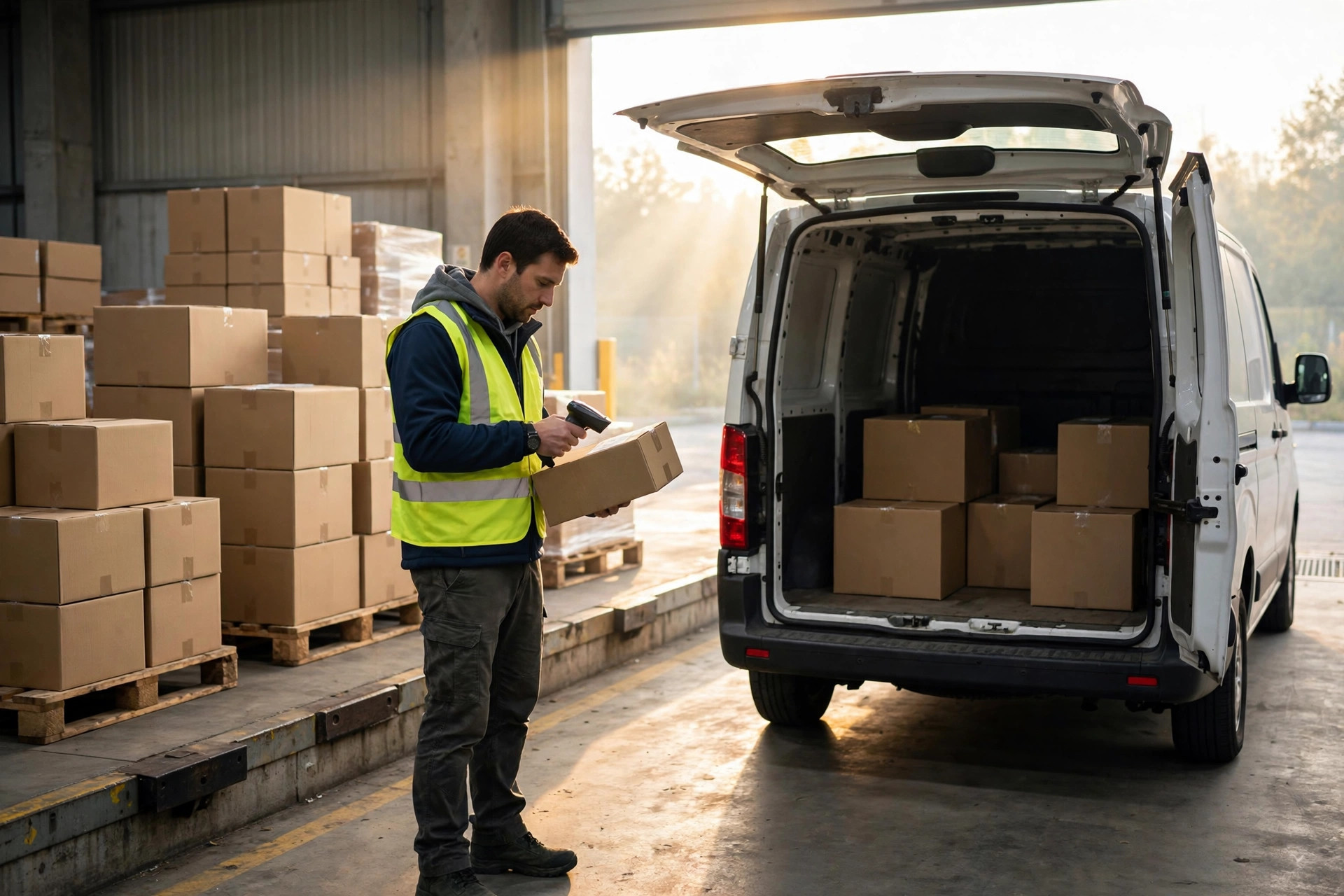 Warehouse staff sorting and applying shipping labels at a packing station