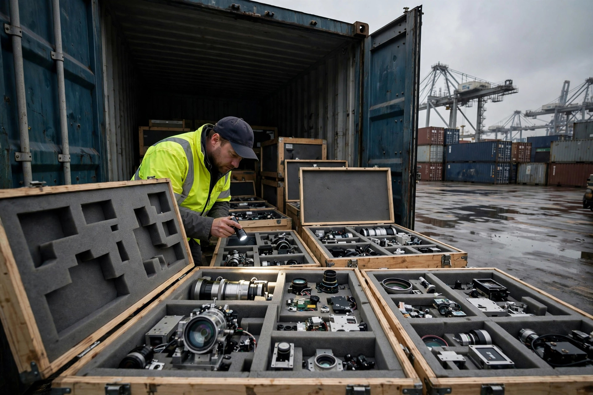 Customs inspection of lidar sensor equipment at a container port