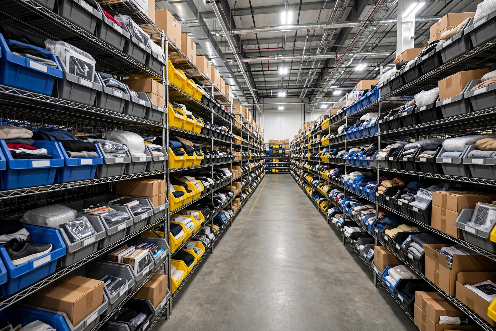 Sorted returned goods on returns warehouse shelves