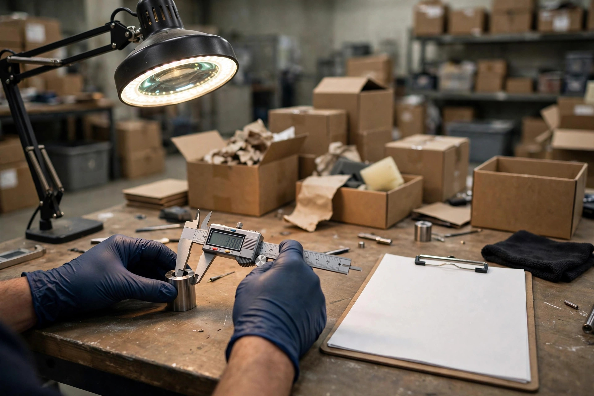 Mesa de control de calidad dentro del cuarto de muestras de un almacén de ecommerce, trabajador midiendo una muestra de producto con calibrador