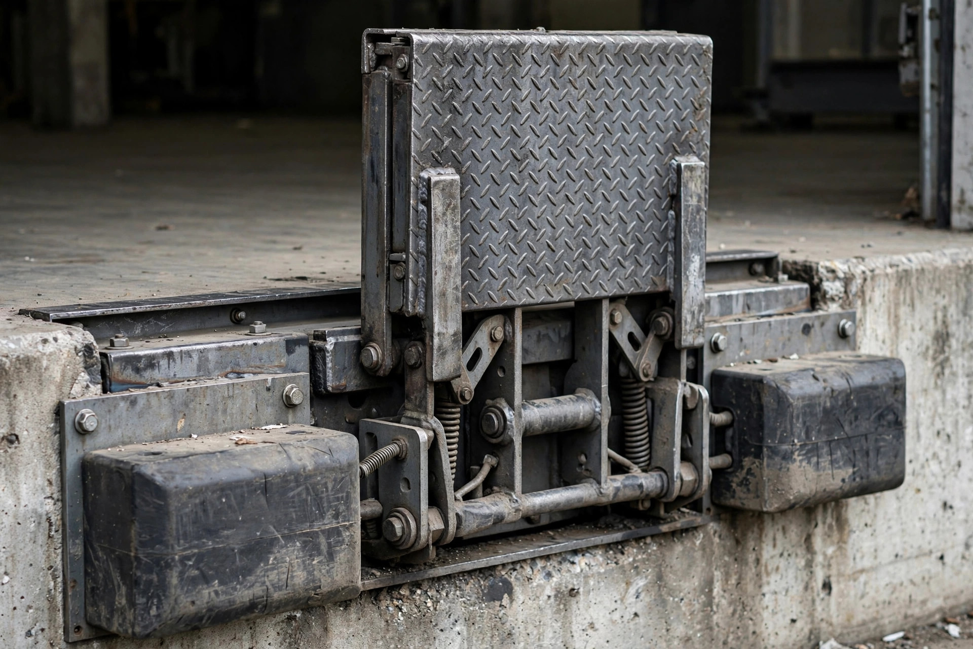 Close-up of an edge-of-dock leveler in its stowed position