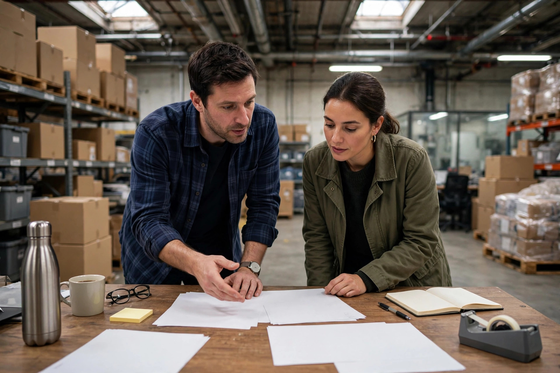Two people in a warehouse office discussing reports together