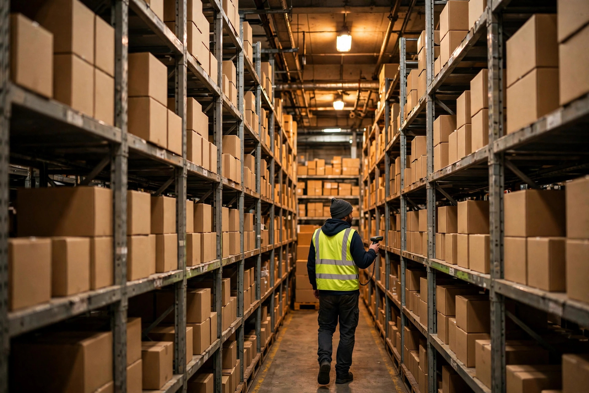 Rows of warehouse racking with cartons, worker checking stock with a handheld scanner