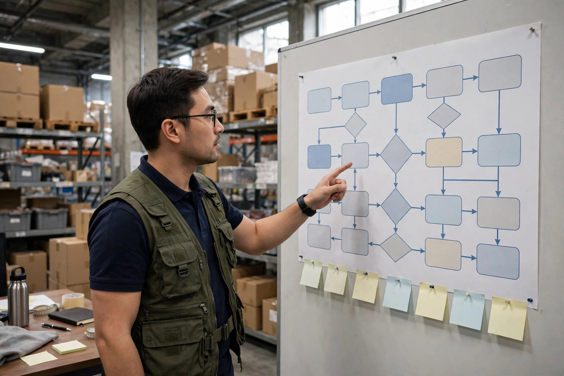 Operations analyst reviewing exception queue on wall flowchart