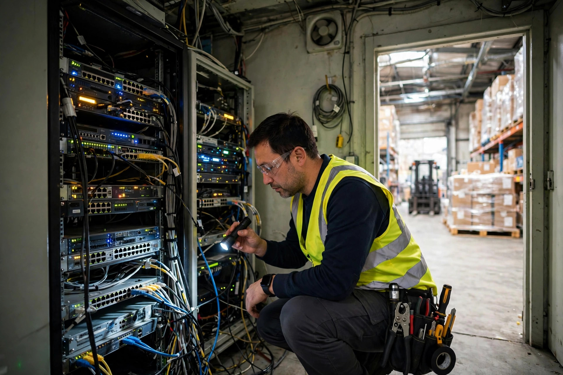 Warehouse IT staff inspecting server and network equipment while tracing an EDI transmission problem