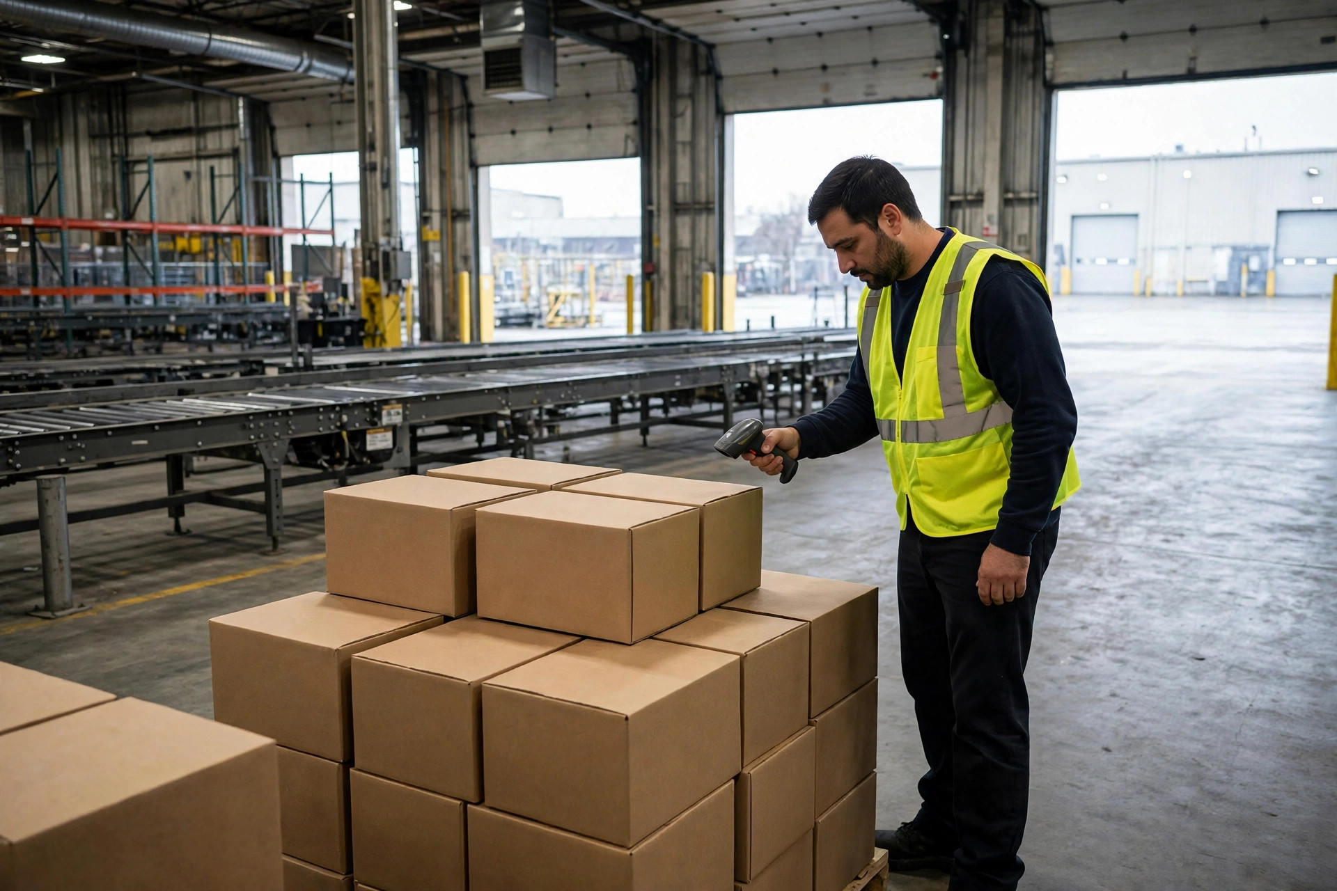 Associé d'entrepôt scannant des cartons avec un lecteur portable sur un quai de sortie