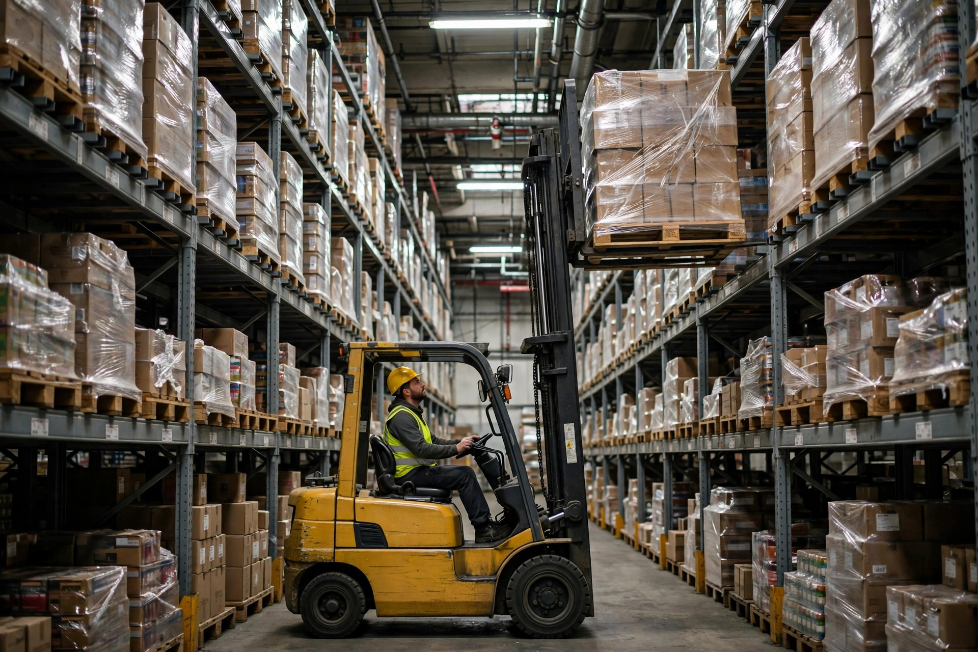 Forklift placing a pallet on high racking in a warehouse aisle