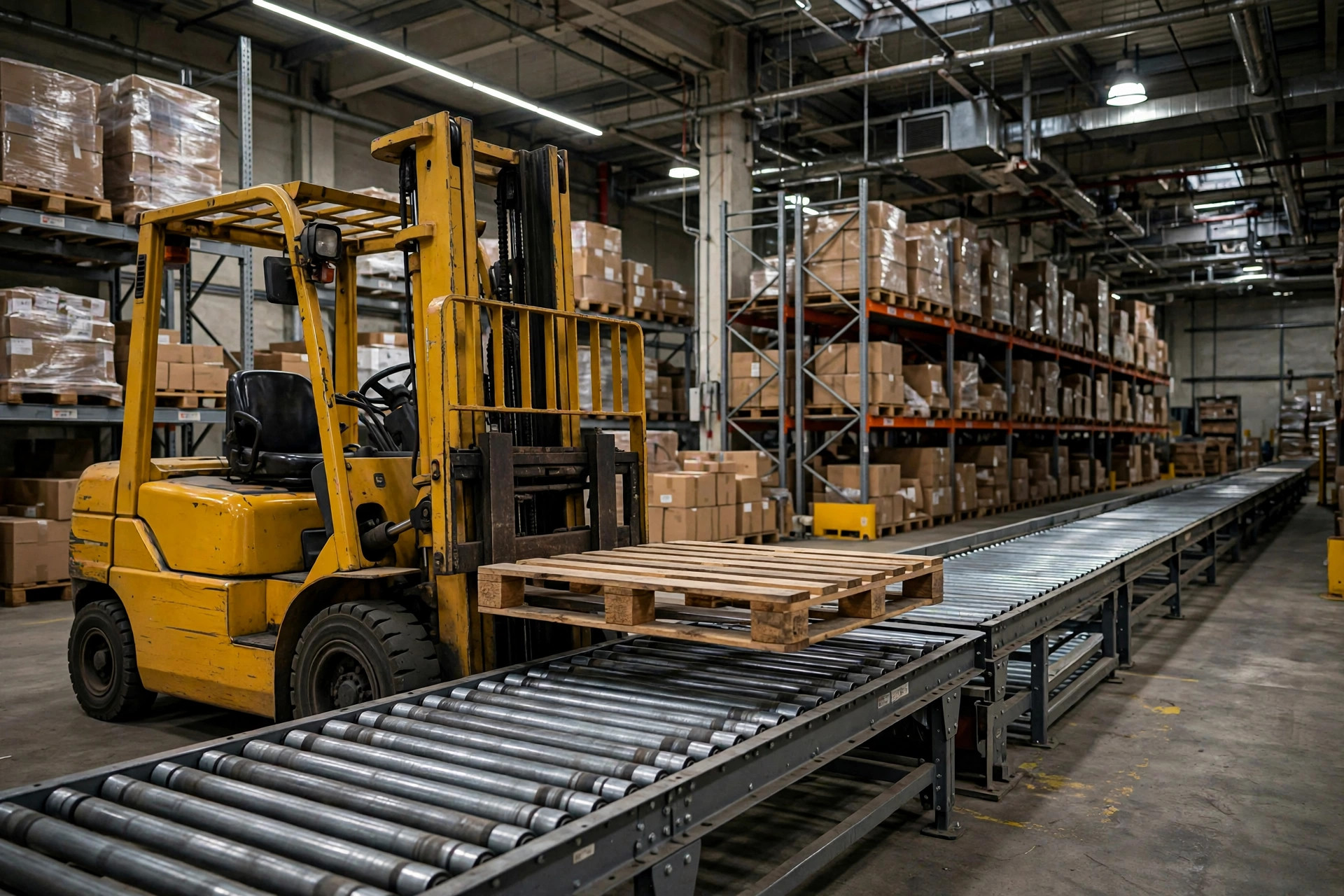 Automated empty pallet stacking and return conveyor
