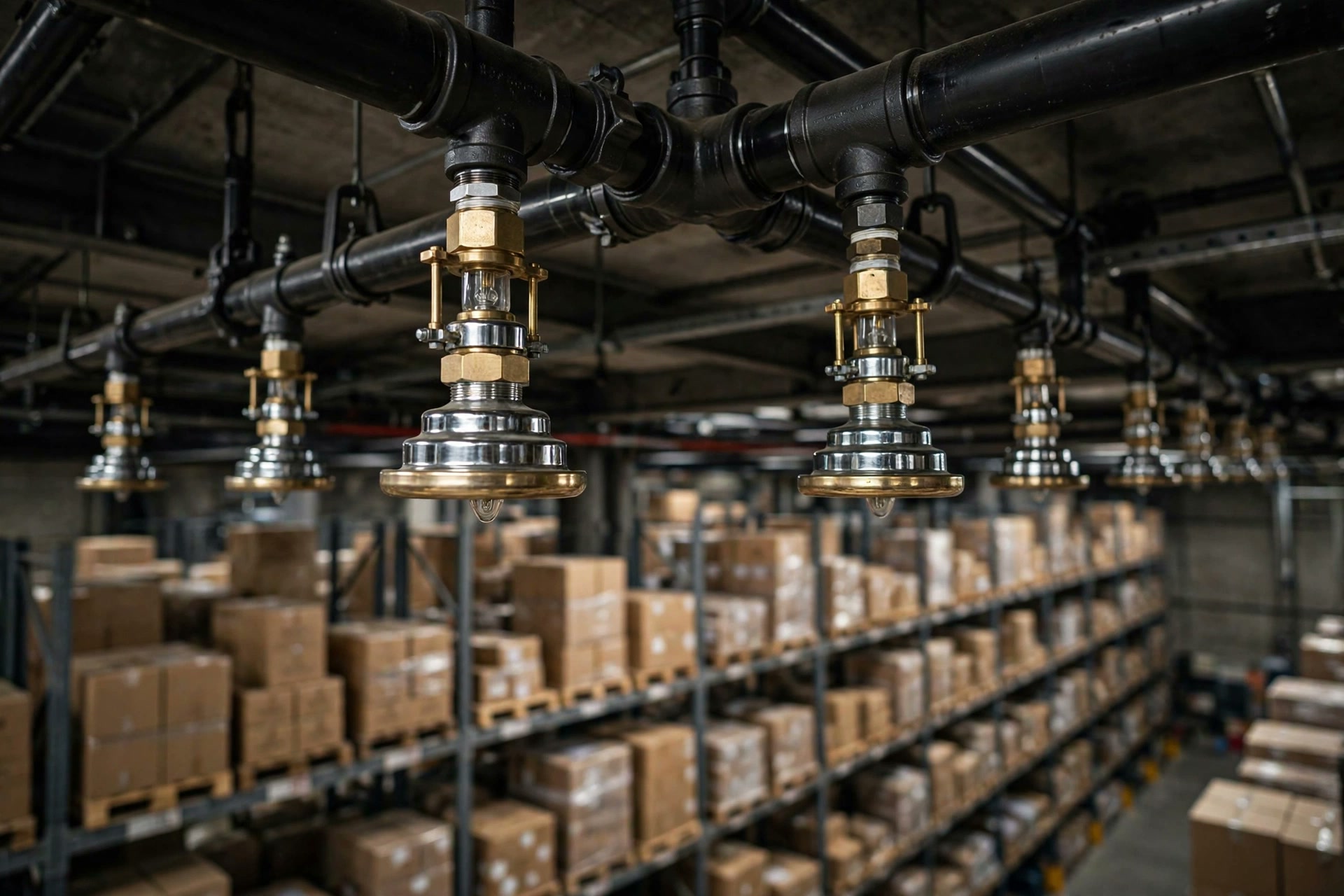 Close-up of ESFR sprinkler heads on ceiling piping above high-bay warehouse racking
