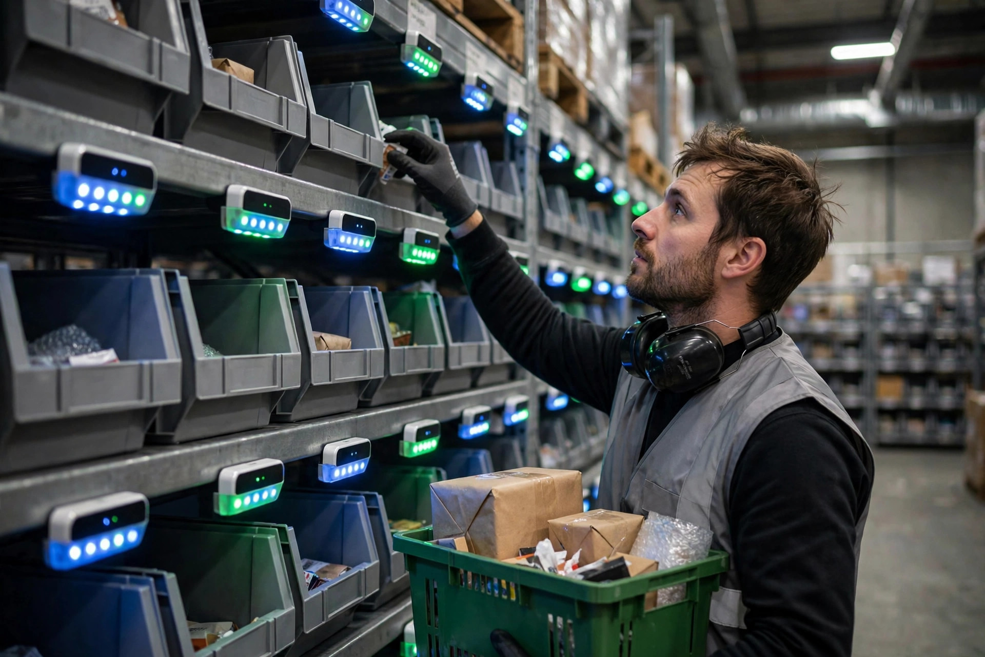 Close-up of electronic shelf labels on warehouse racking, screens showing SKU numbers and stock quantities