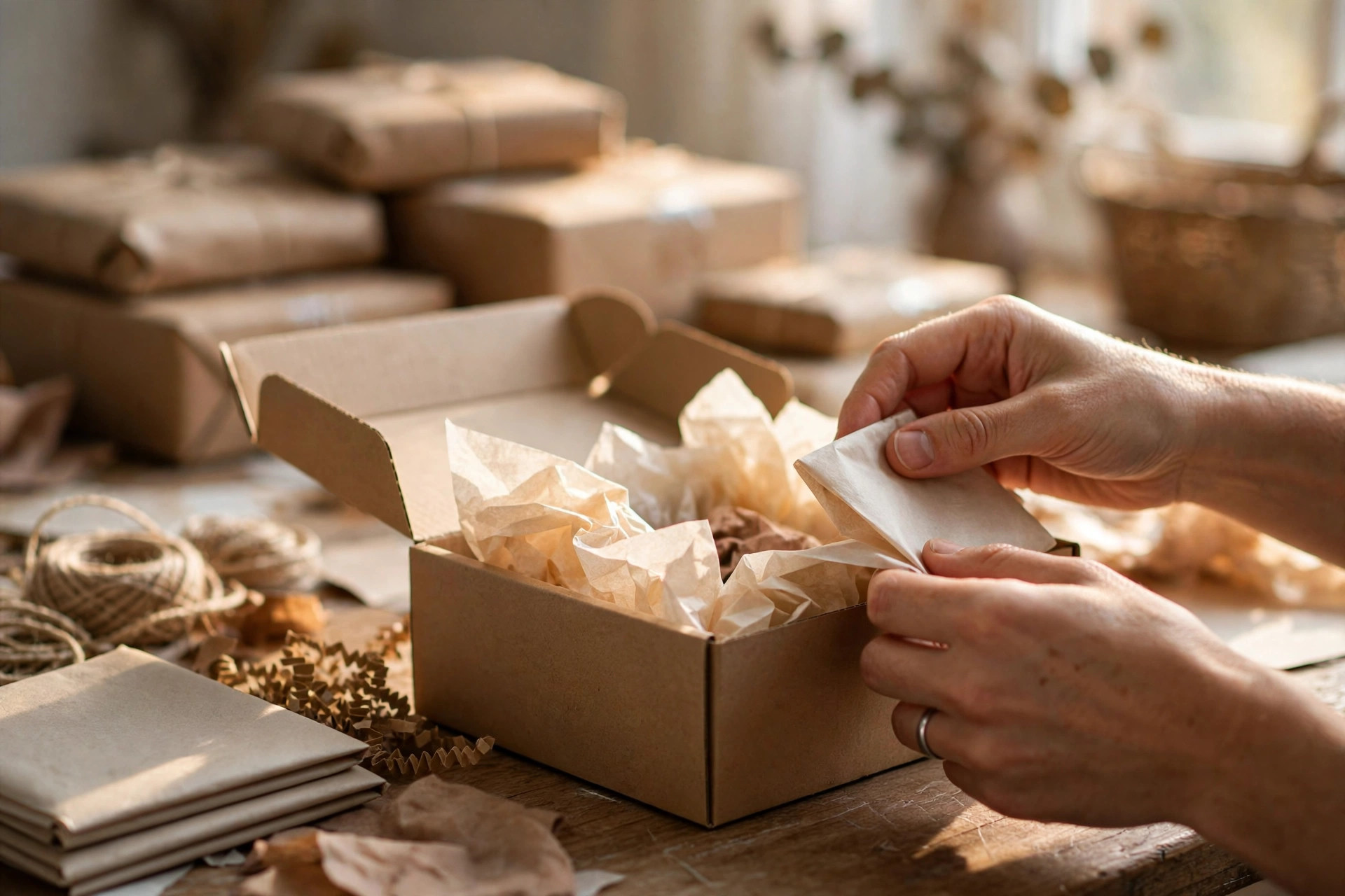 Gros plan sur des mains emballant une boîte cadeau personnalisée dans un atelier à domicile