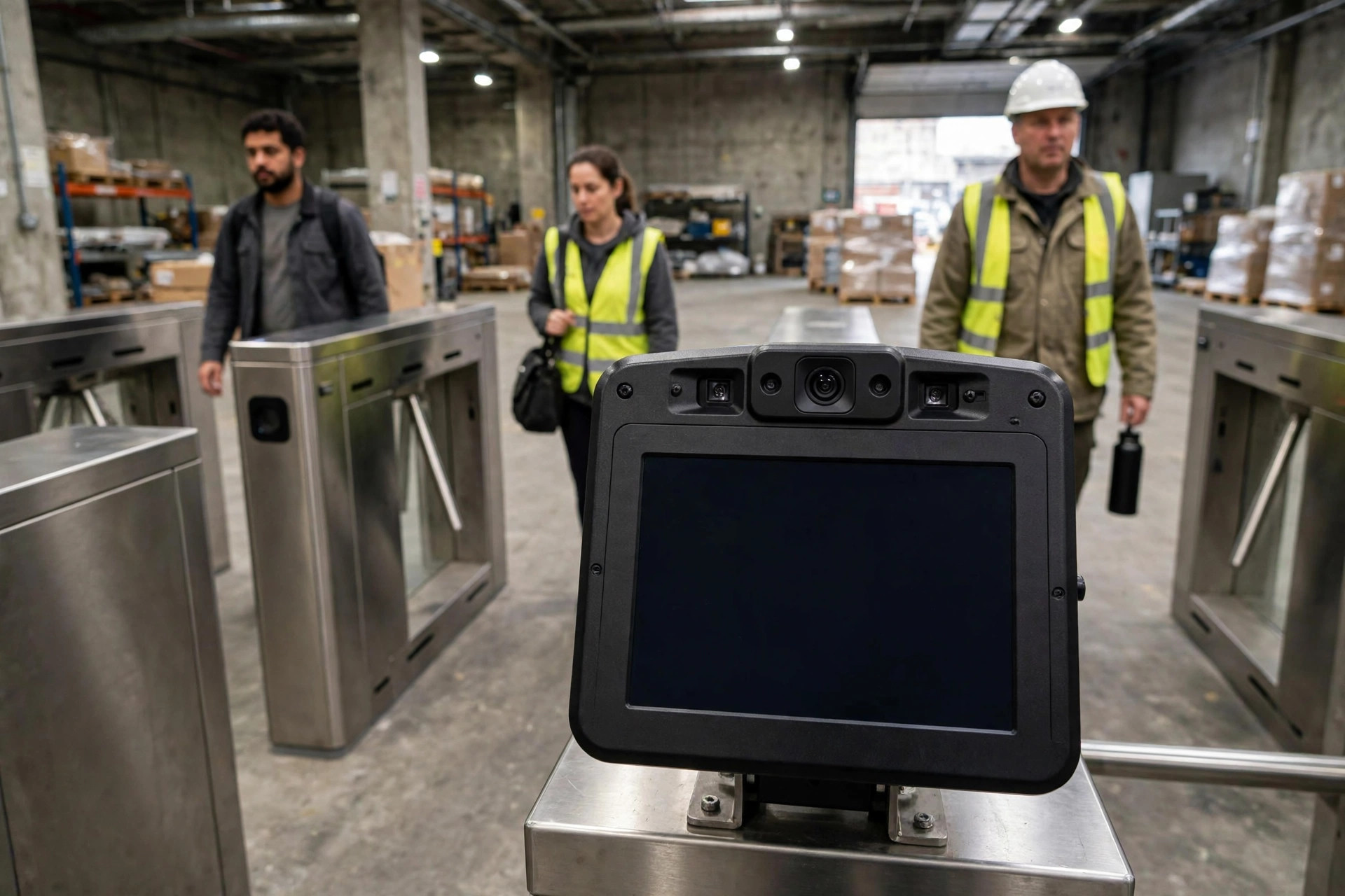 Facial-recognition attendance turnstiles at a warehouse entrance, employees scanning through