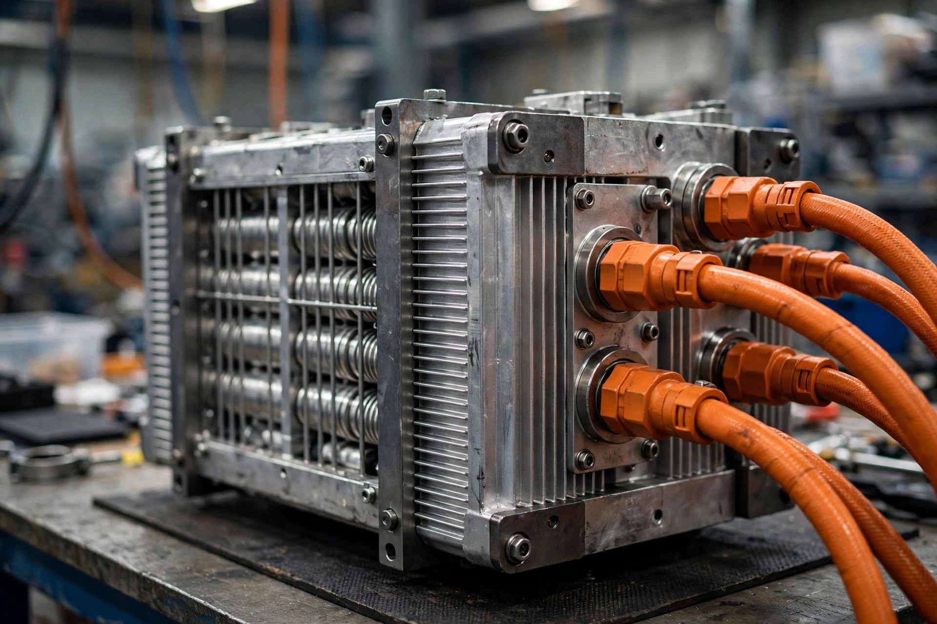 Forklift lithium battery pack on a factory test bench