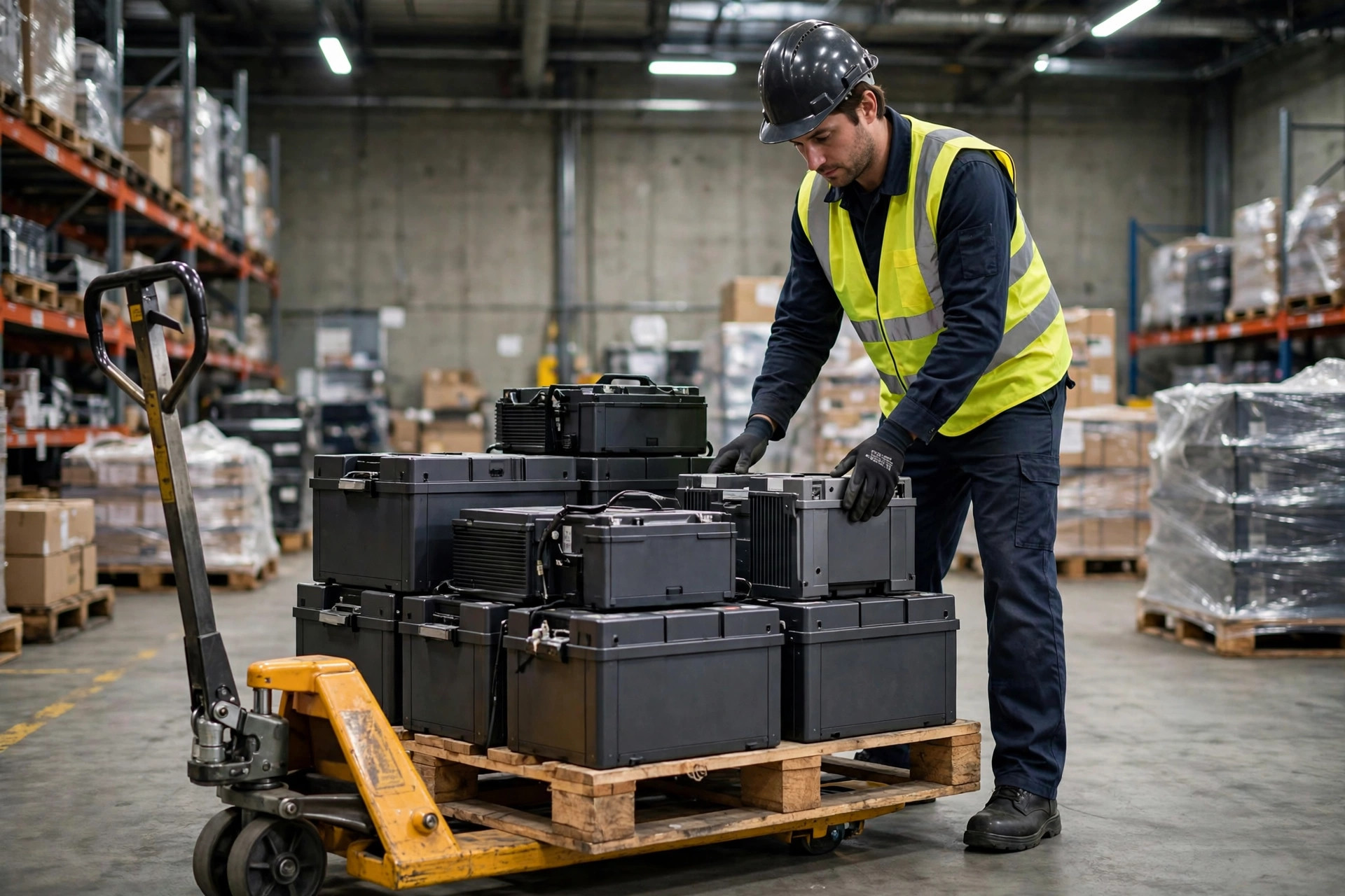 Warehouse worker moving battery packs on a pallet jack