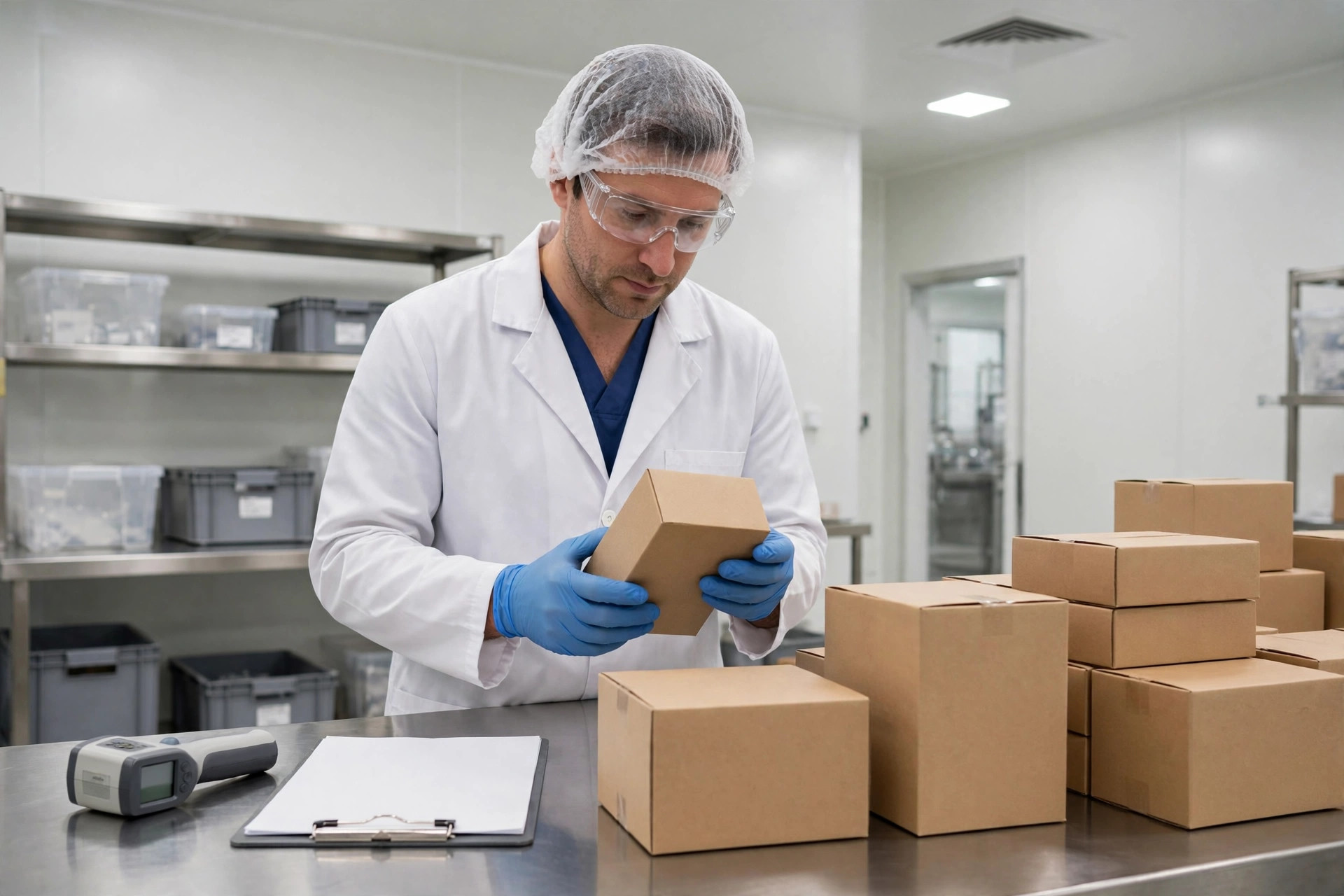 A quality inspector checking pharmaceutical goods in a warehouse QA area