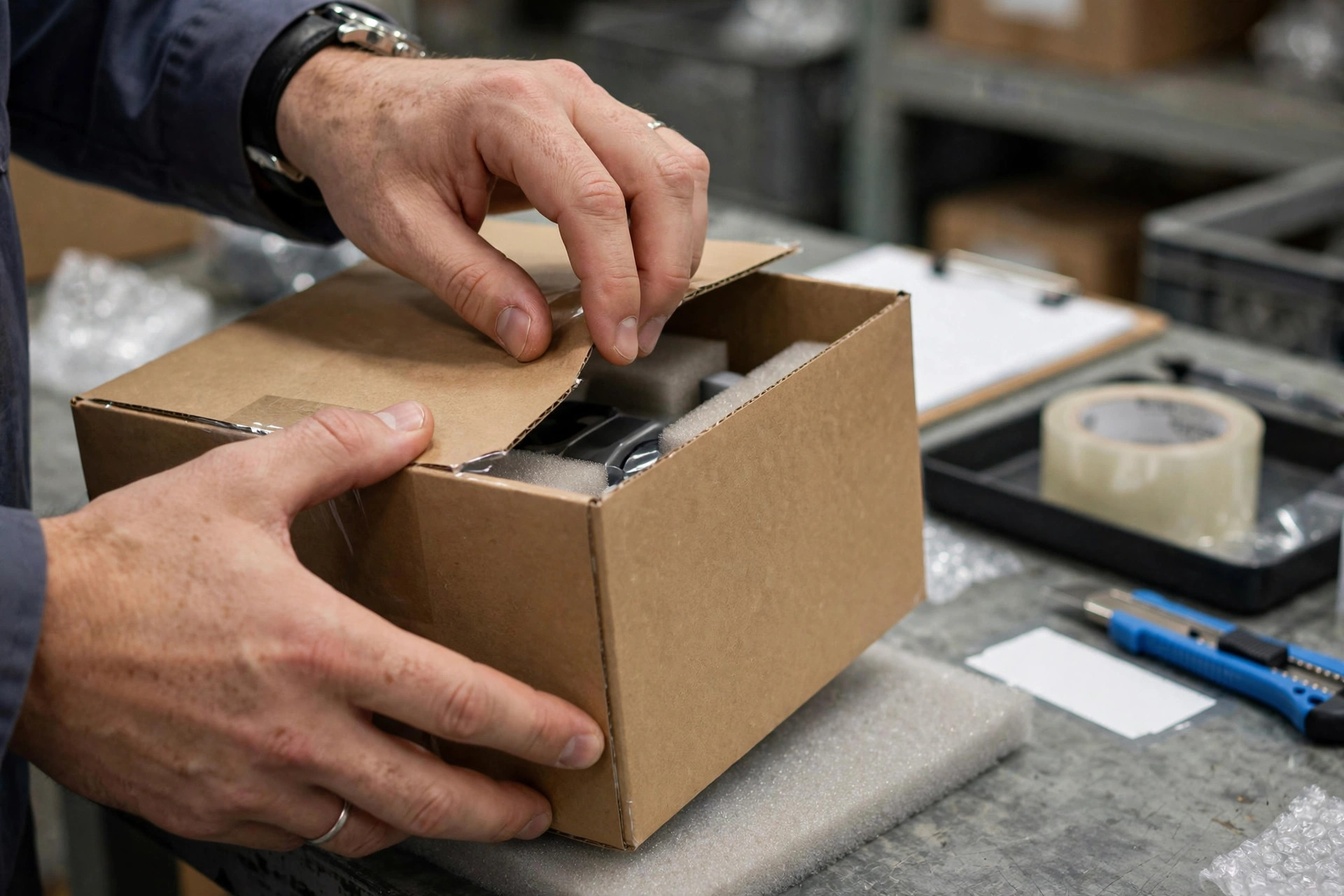 Hands inspecting a product package at a warehouse quality station