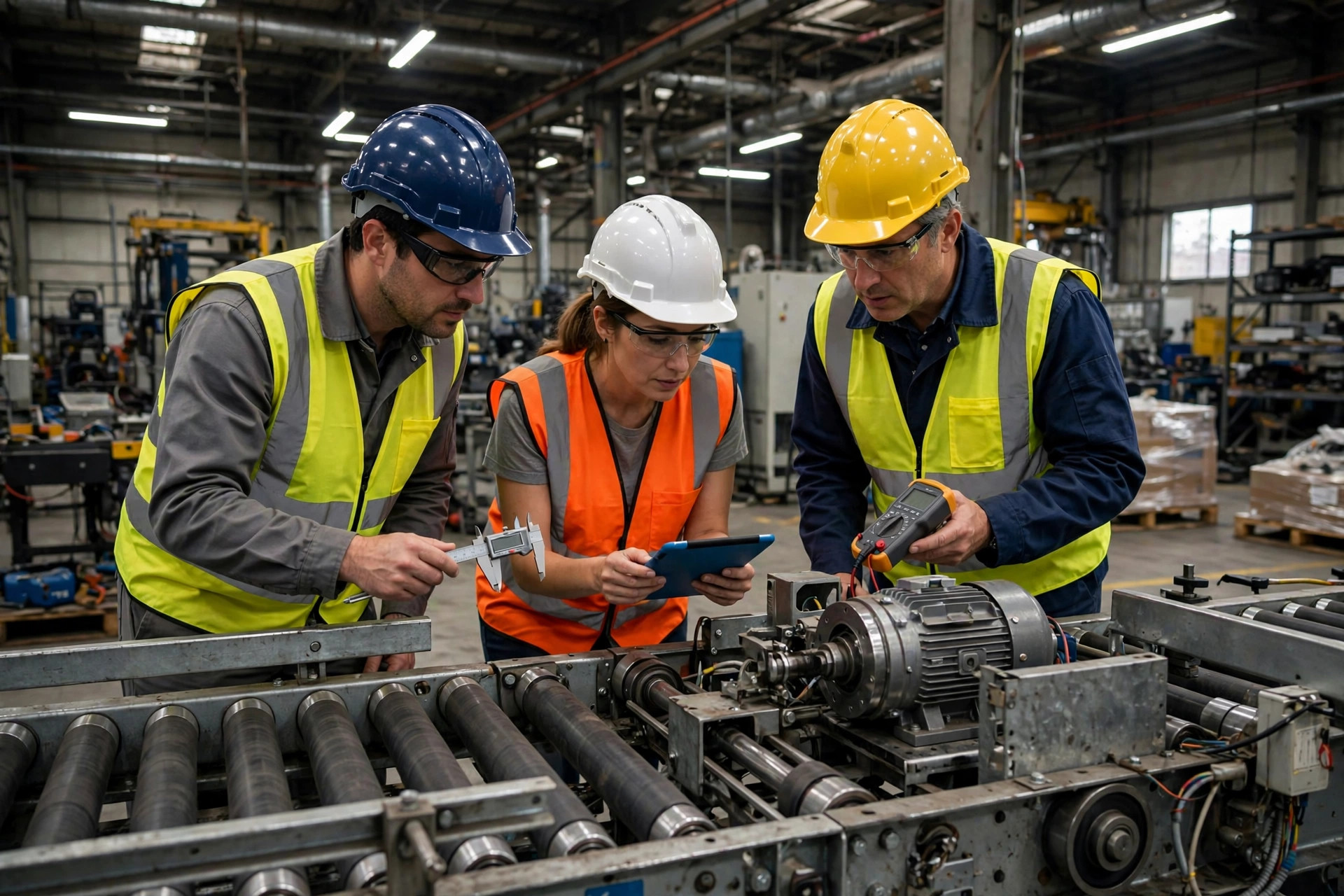 Factory acceptance test of warehouse conveyor equipment with engineers in safety vests inspecting machinery