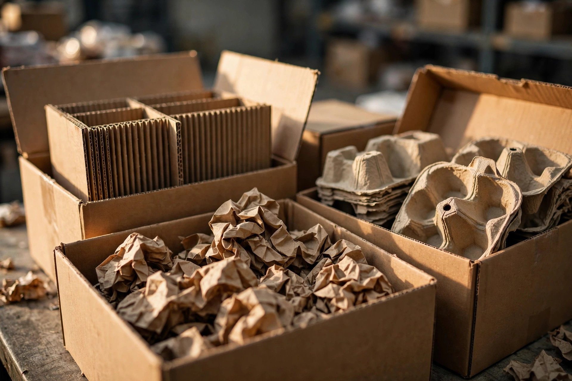 Close-up of cardboard boxes with eco-friendly paper fill
