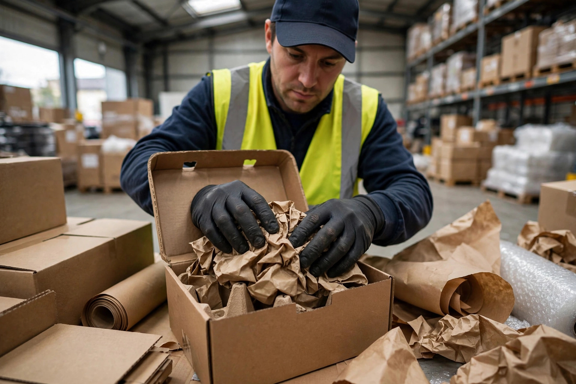 A warehouse worker packing a carton with paper cushioning