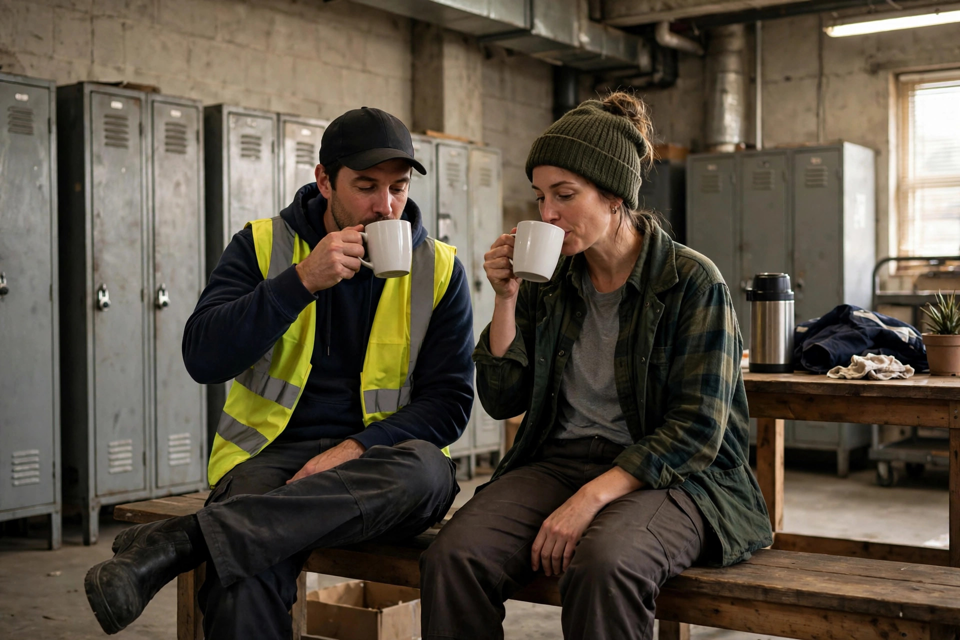 Warehouse break area, workers resting over coffee
