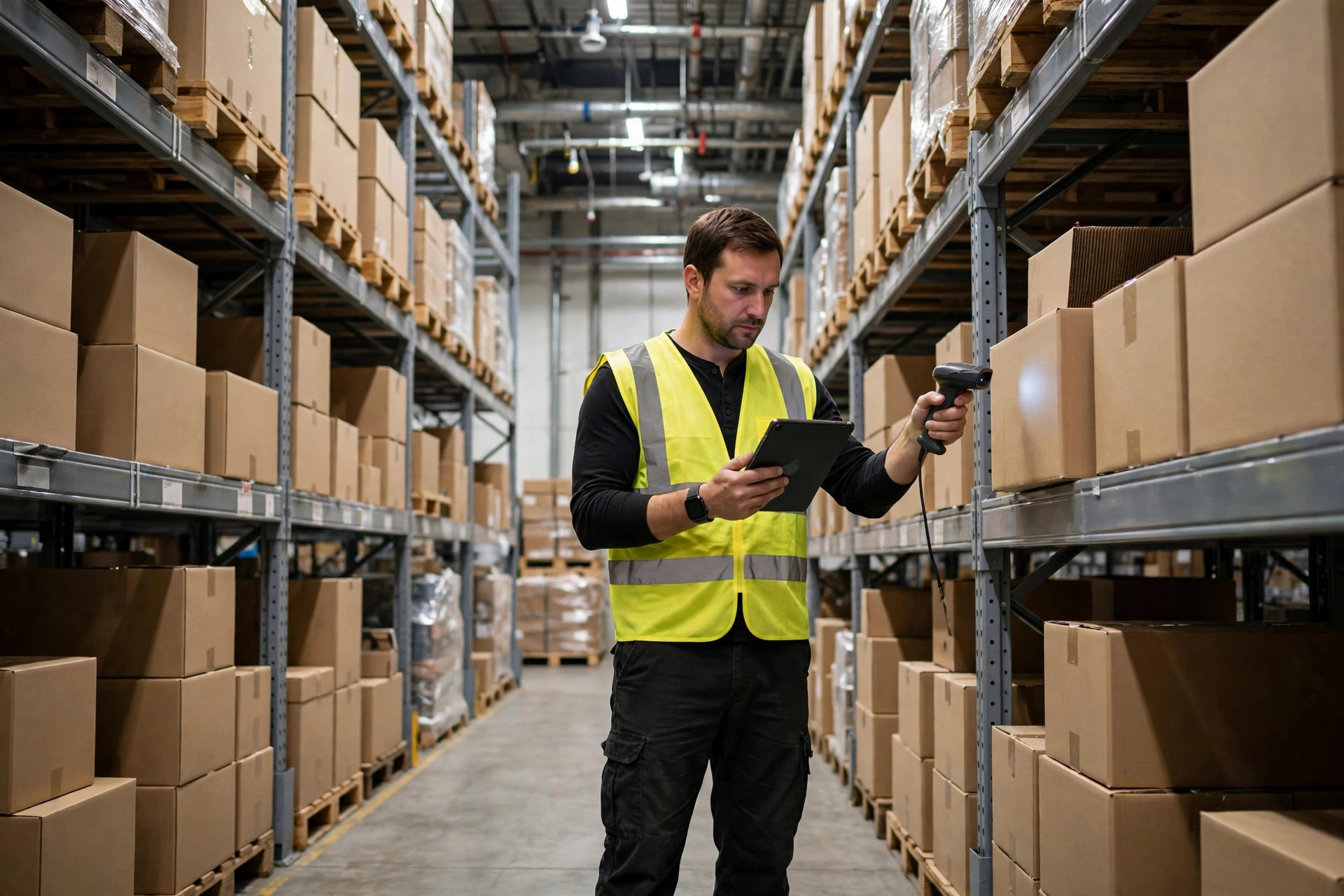 Warehouse staff cycle-counting inventory with a tablet
