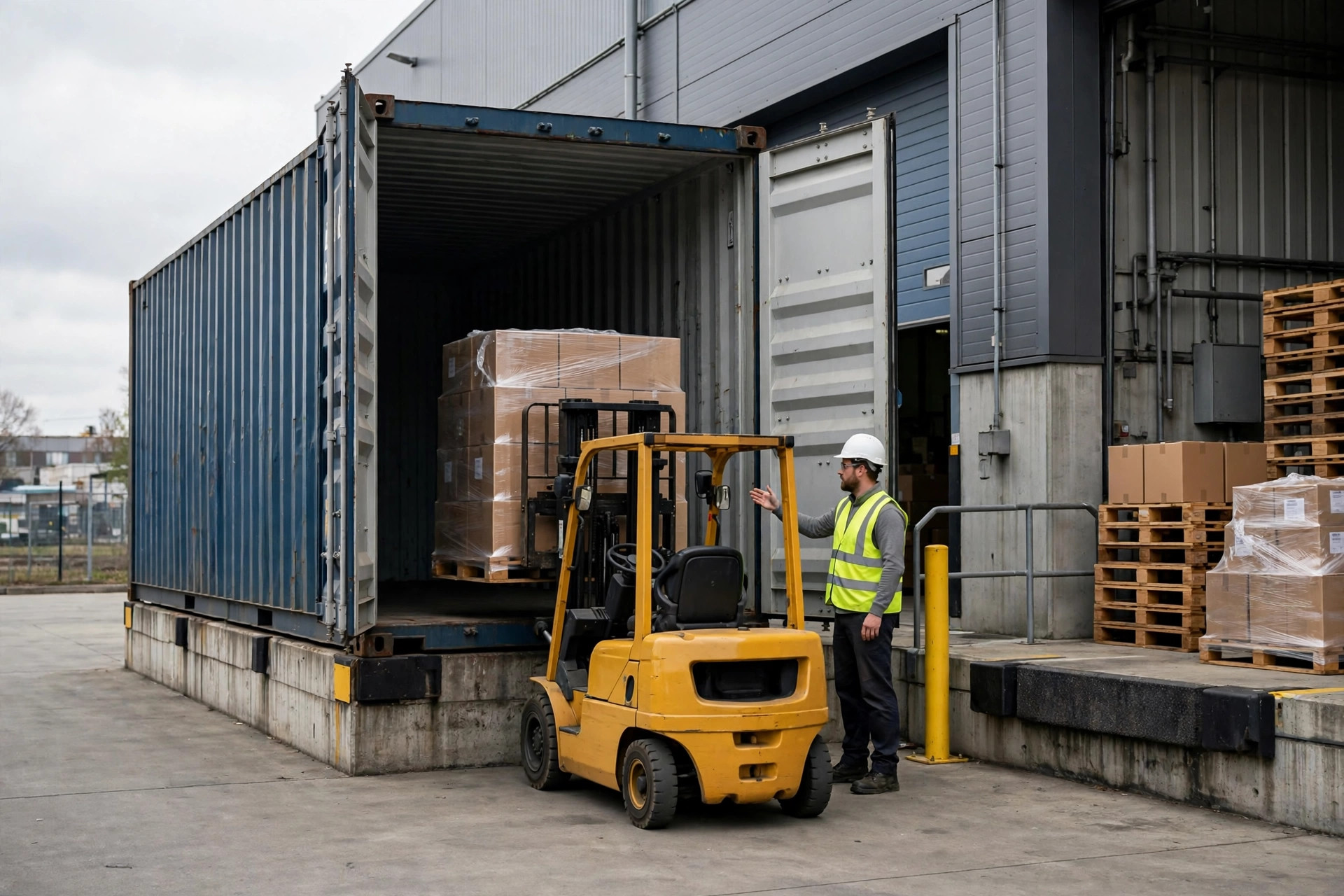 Container trucks staged at a marine terminal depot