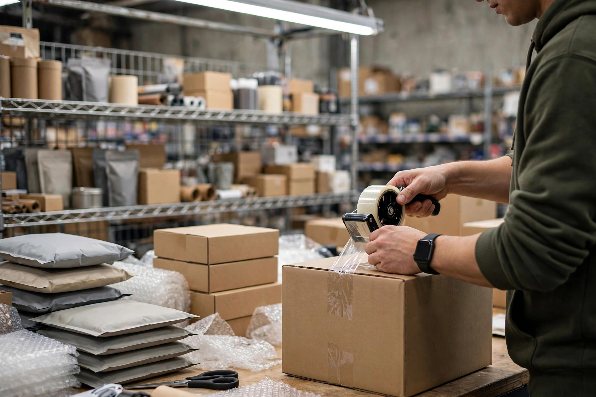 Worker packing e-commerce orders at a packing station