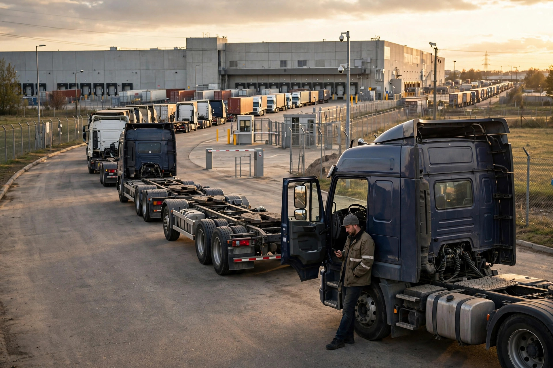 Camiones portacontenedores en fila en el muelle de un centro logístico de Amazon esperando la descarga