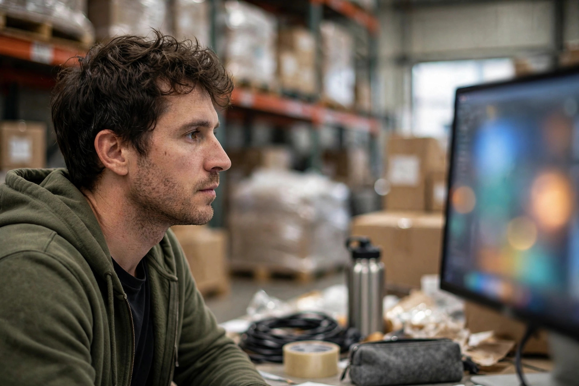 Vendedor de comercio electrónico revisando datos de inventario en una computadora en la oficina de un almacén
