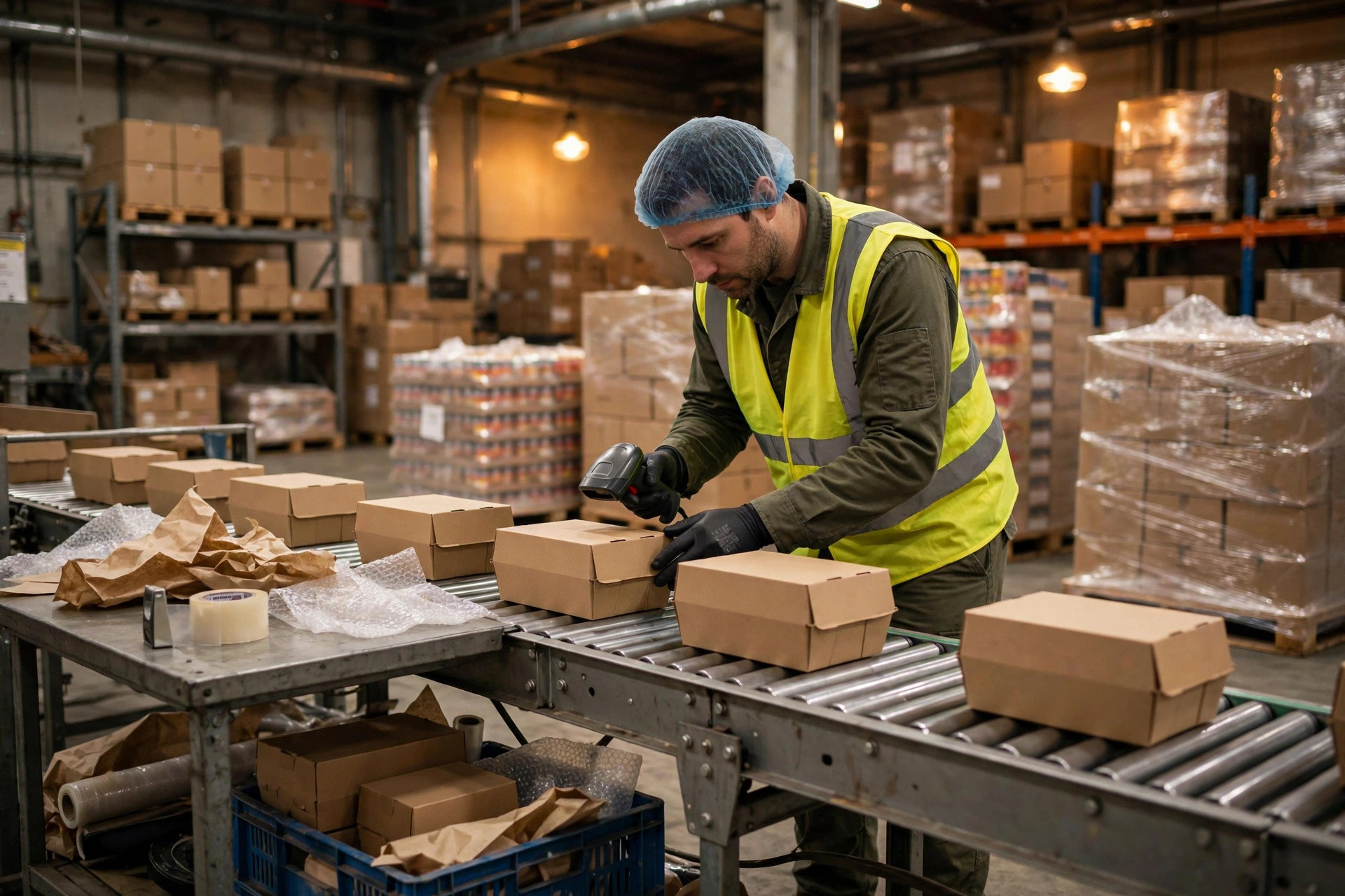 Warehouse worker scanning labels on food cartons at a packing station